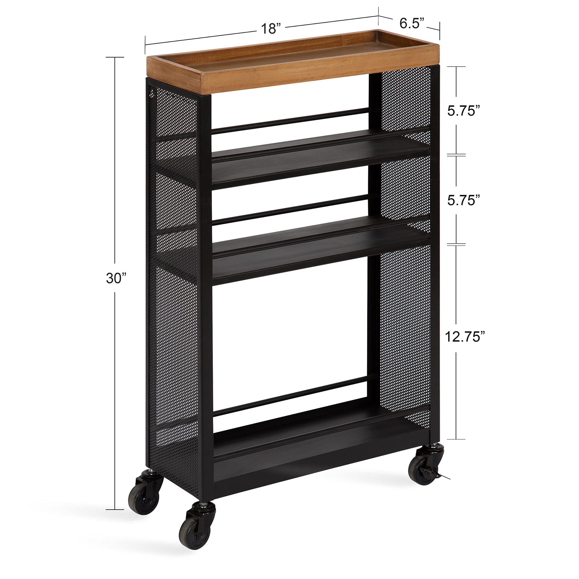Piazza Decorative Slim Storage Cart; 18 x 7 x 30; Natural Wood and Black; Decorative Narrow Rolling Cart with Locking Wheels and Three Storage Shelves for Kitchen or Laundry Room