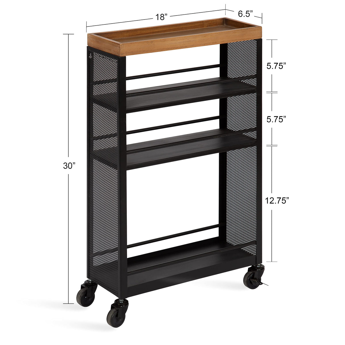 Piazza Decorative Slim Storage Cart; 18 x 7 x 30; Natural Wood and Black; Decorative Narrow Rolling Cart with Locking Wheels and Three Storage Shelves for Kitchen or Laundry Room