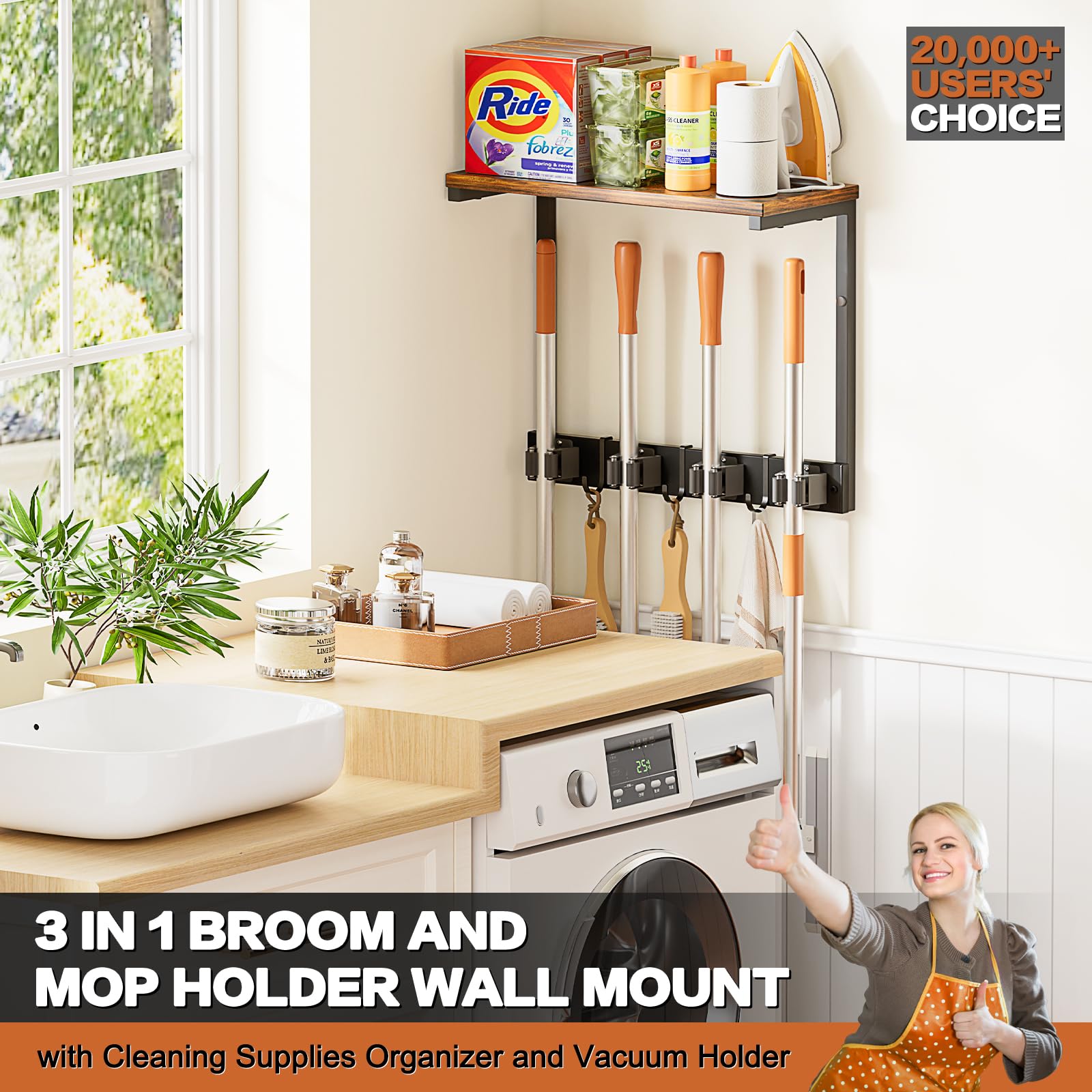 Broom Holder Wall Mount with Cleaning Supplies Organizer