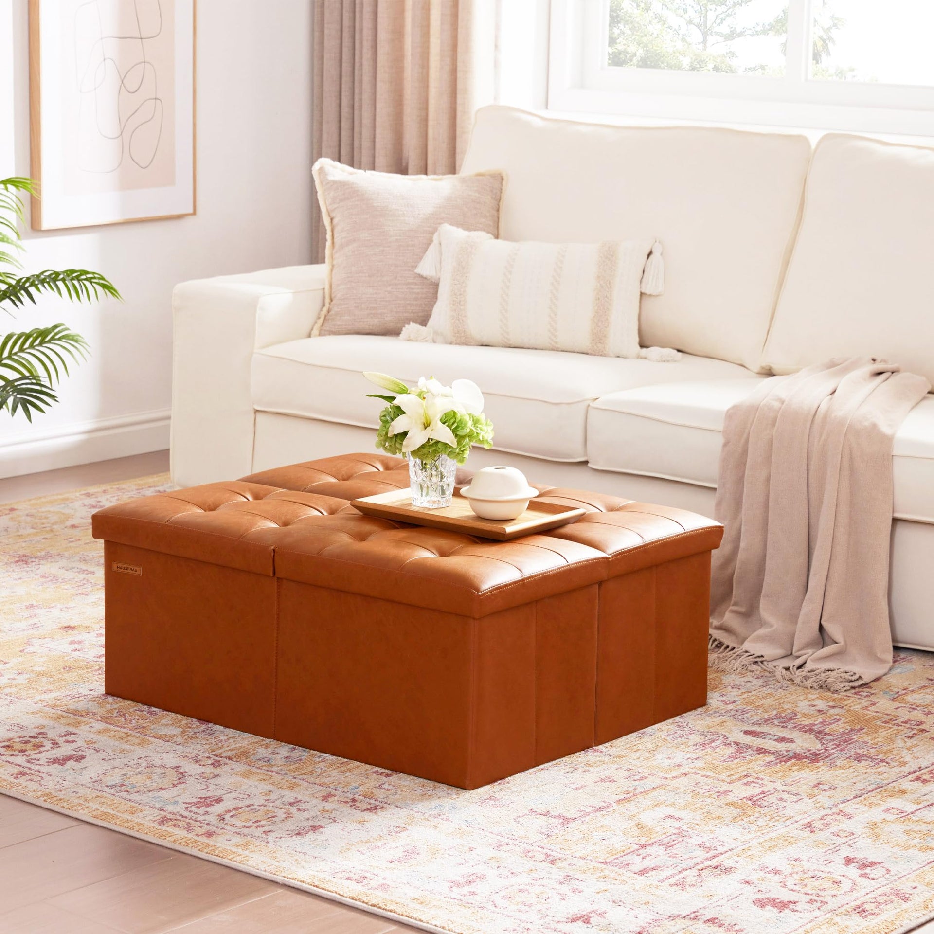 Ottoman with Storage Bench Folding Foot Rest Stool Cognac Brown