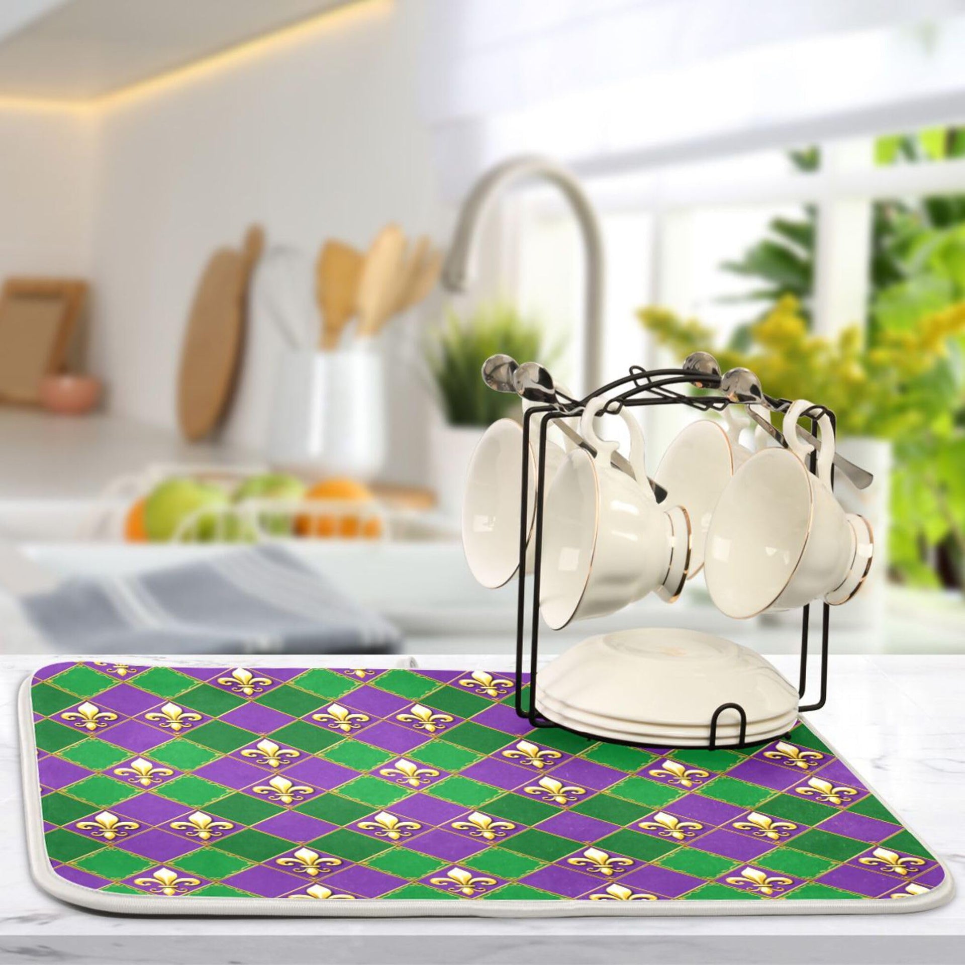 Happy Mardi Gras Purple Green Dish Drying Mat for Kitchen Countertop 18x24 Fleur de Lis Buffalo Plaid Large Drying Mat Reusable Quick Dry Dish Sink Mats Easy Clean Decorative Essentials