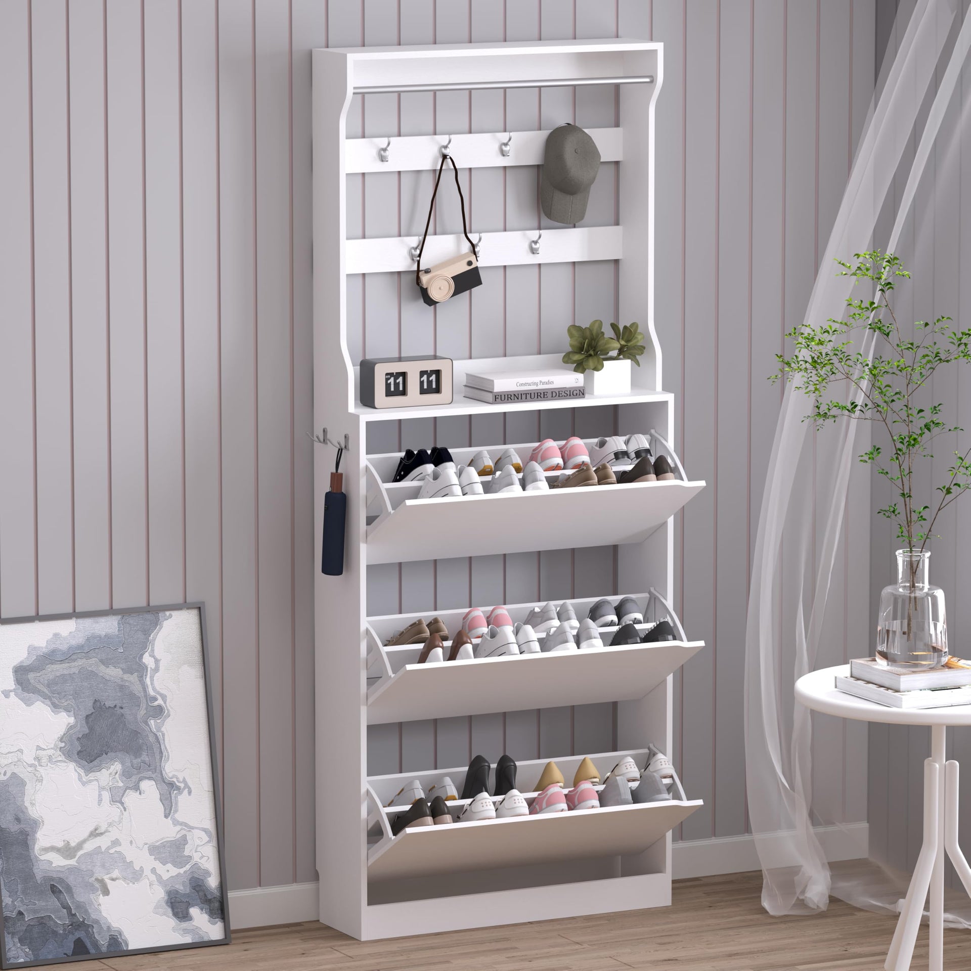 Shoe Cabinet with 3 Flip Drawers & Coat Rack