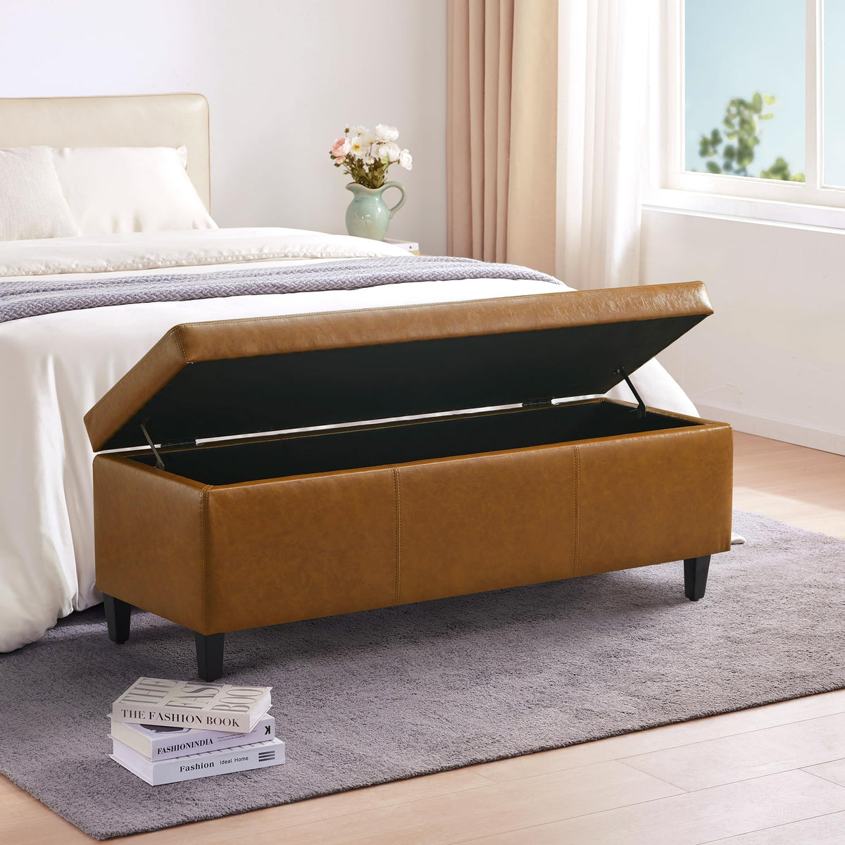 Faux Leather Storage Ottoman Bench 50.3 Inch Extra Long PU Upholstered Bedroom Bench with Large Storage Space for The Living Room