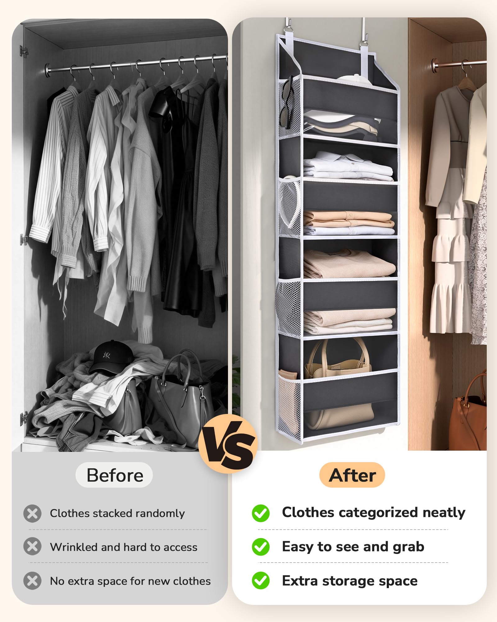 1 Pack Small Over Door Organizer with 4 Large Pockets 8 Mesh Side Pockets