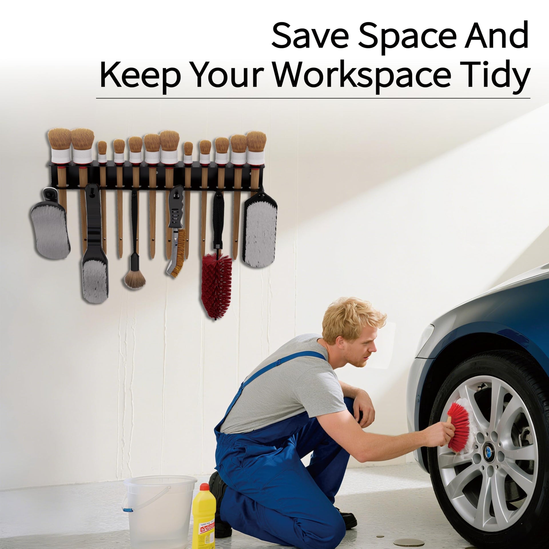 Wall Mount Brush Holder & Tool Hanger Rack for Garage