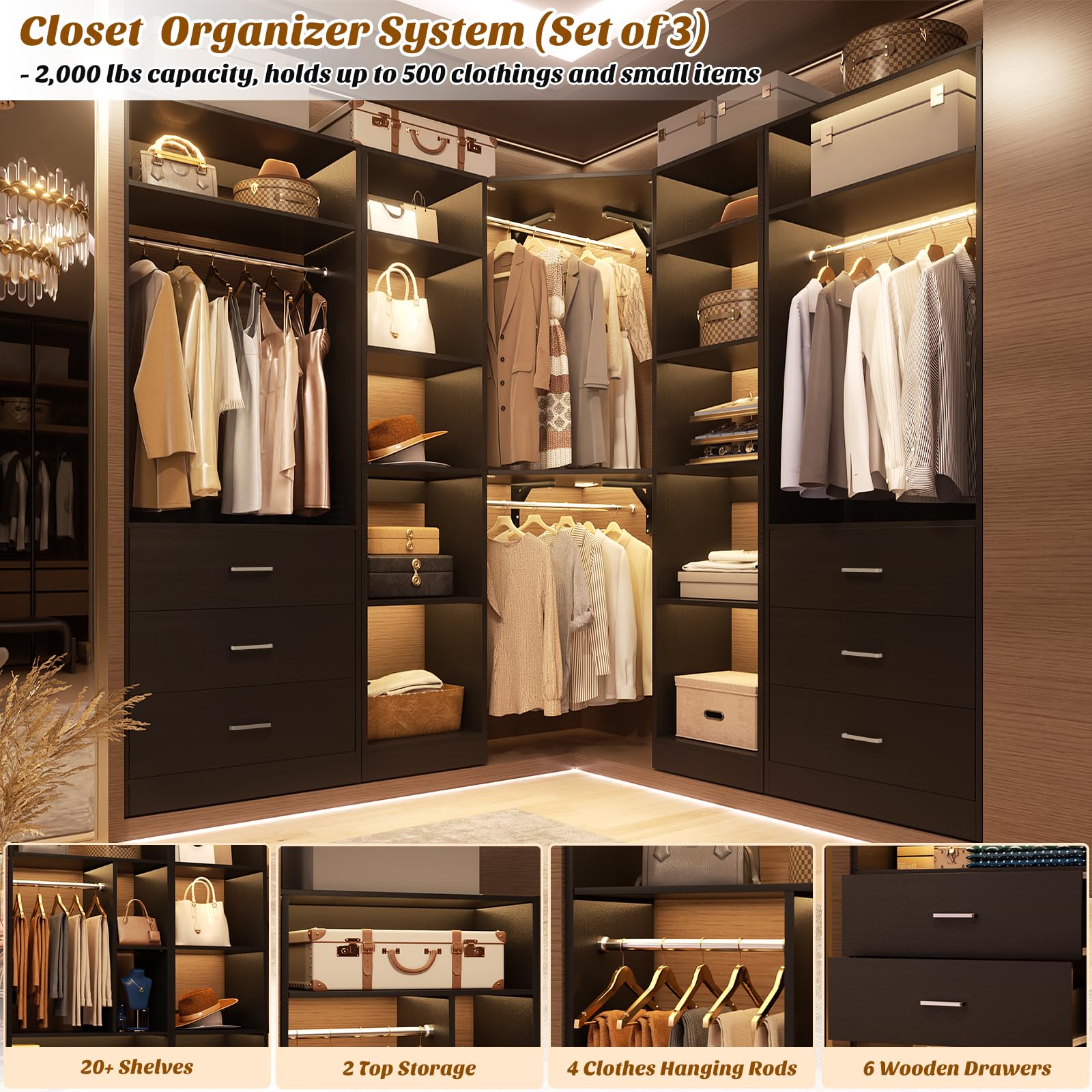 Corner Closet System with 6 Drawers
