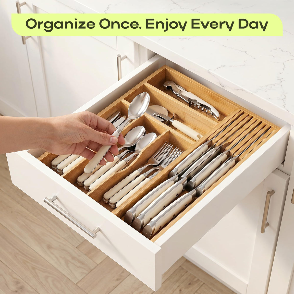 Drawer Organizer with Knife Block for Kitchen Organization