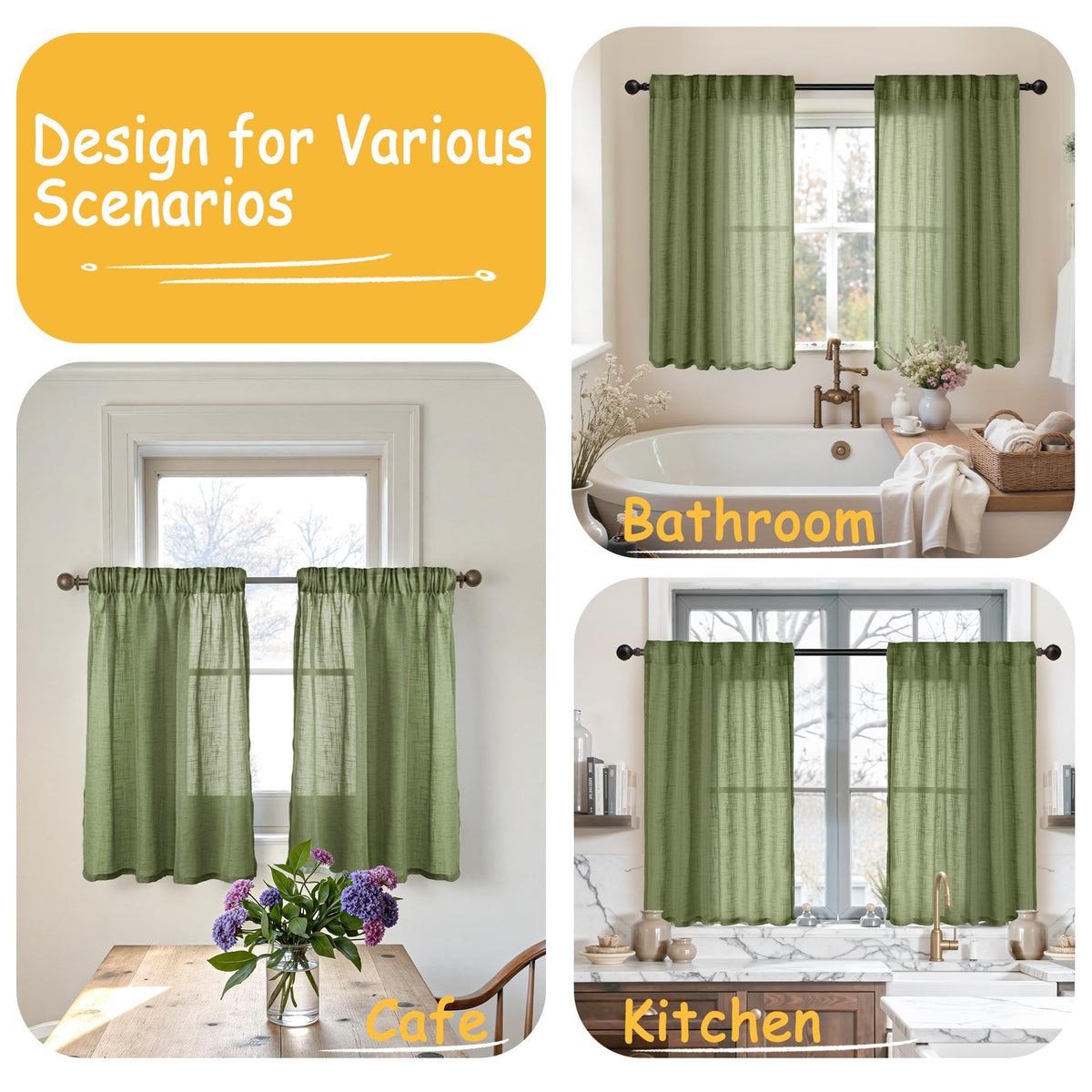 Olive Green Linen Kitchen Window Curtains 36 Inch Length (2 Count)