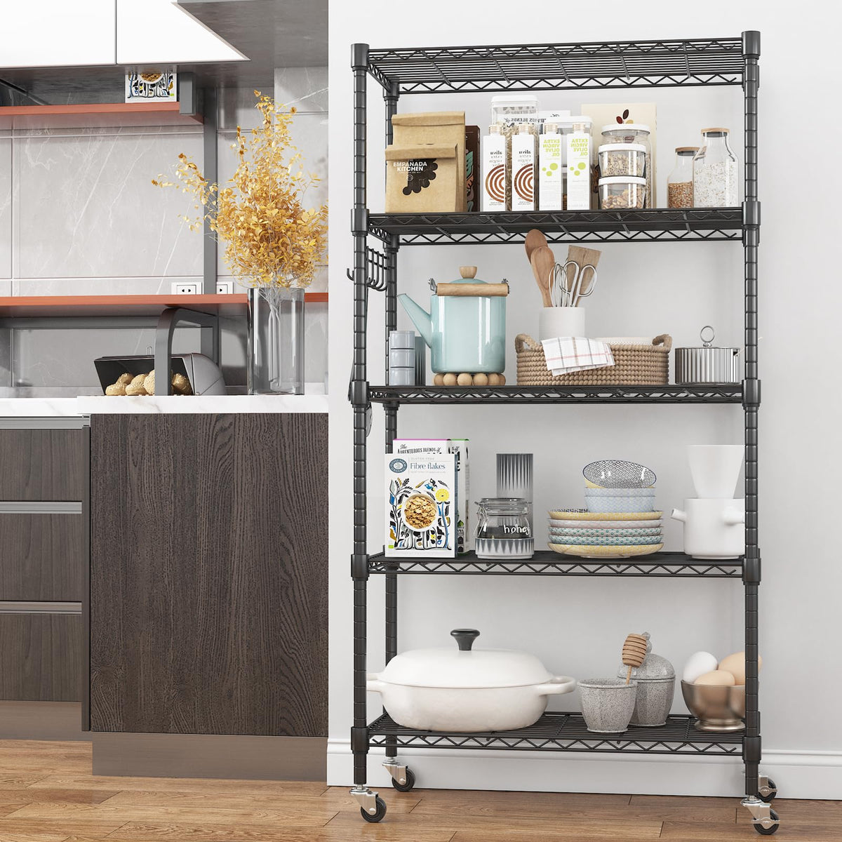 5 Tier Storage Shelf Wire Shelving Unit on Wheels Heavy Duty Metal Shelves Adjustable Steel Rack Organization for Kitchen Garage Basement (5 Count)