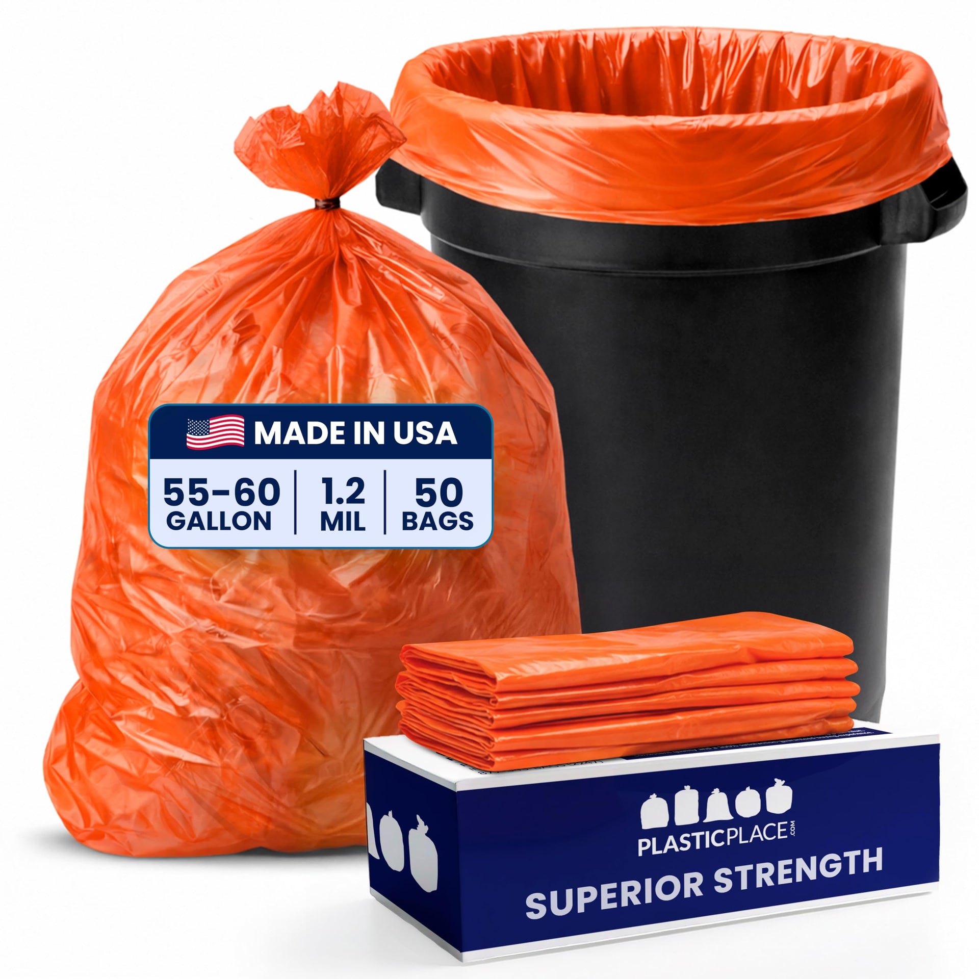 55 60 gallon Trash Bags │ 1.2 Mil │ Orange Heavy Duty Garbage Can Liners │ 38” x 58” (50 Count)