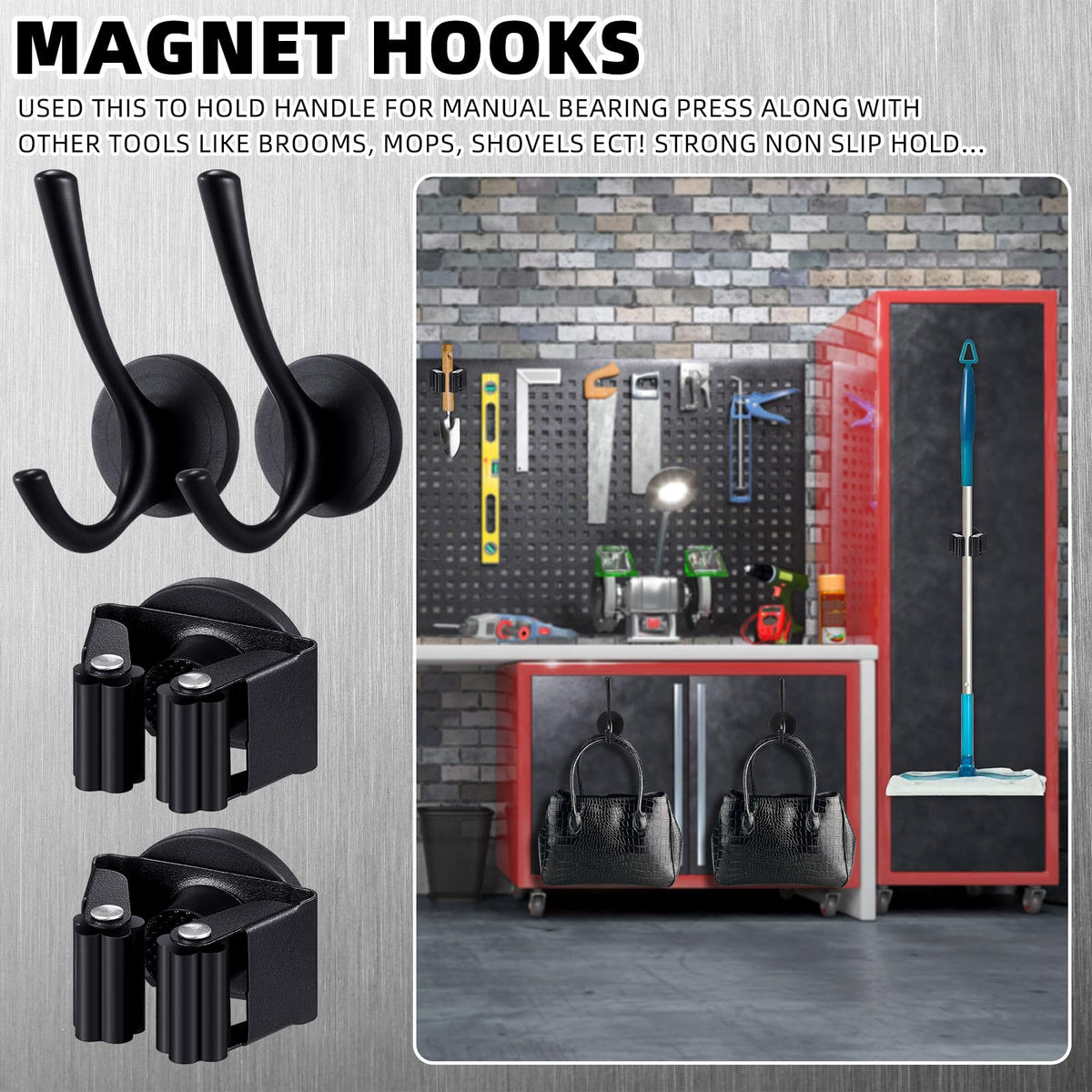 4 Pcs Magnetic Double Hooks Magnetic Coat Hooks Magnetic Mop Broom Holder Movable Magnetic Broom Holder Rack for Garage Kitchen Laundry Garden