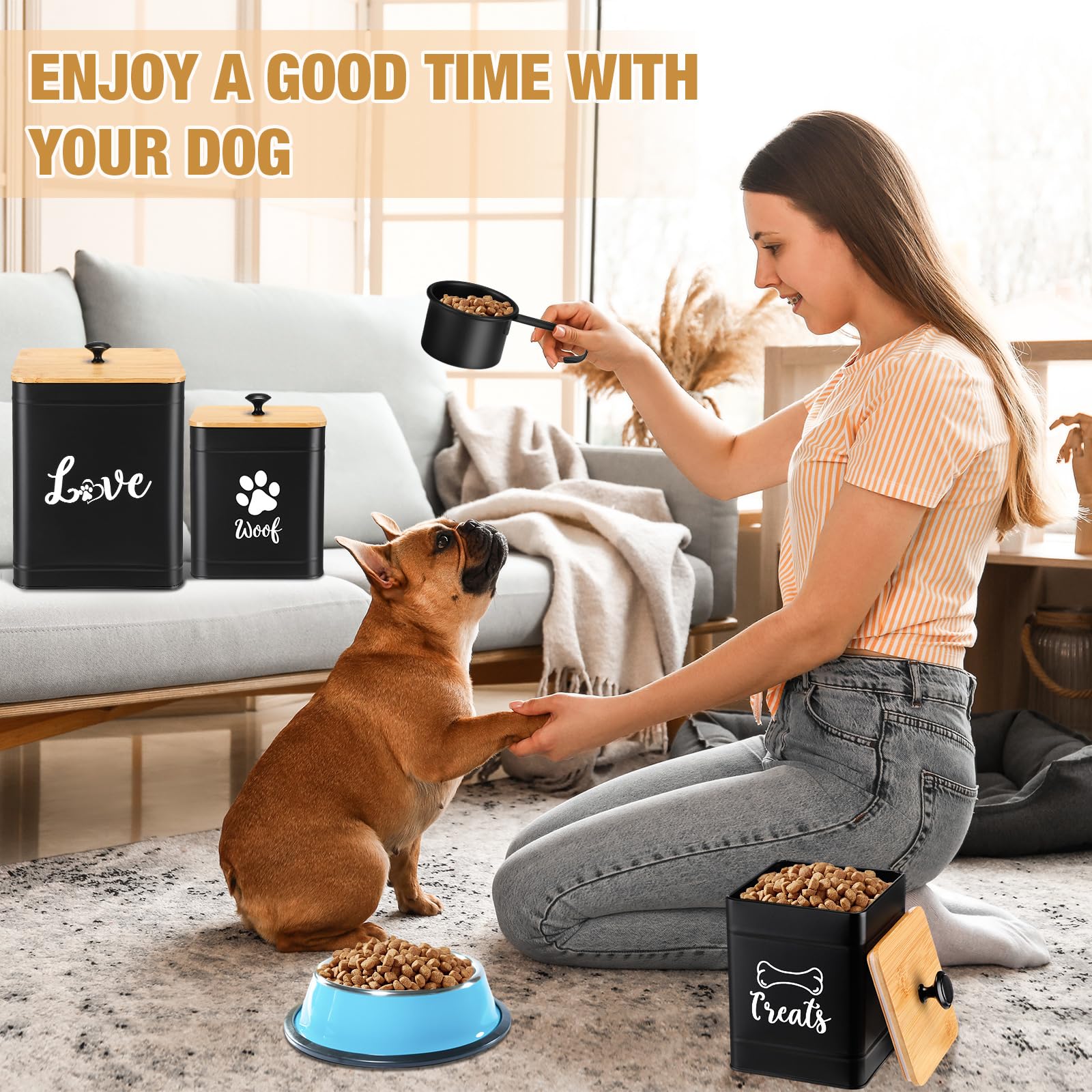 Metal Dog Treat Containers Set of 3 with Bamboo Lids and Spoon Airtight 7+3+2 lbs Dog Food Snack Jars with DIY Labels Big Pet Cookie Storage Jar for Kitchen Counter (3 Count)