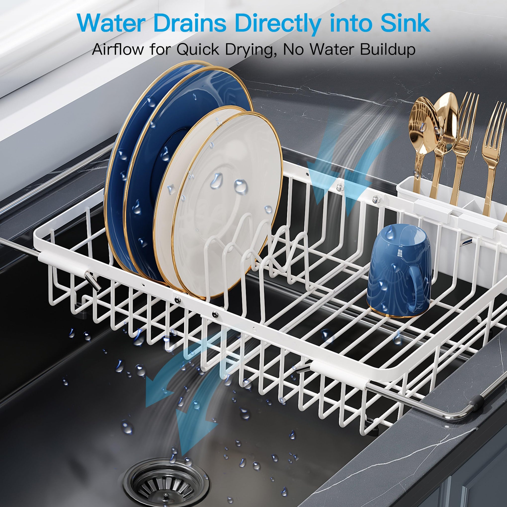 White Dish Drying Rack Over the Sink with Utensil Holder