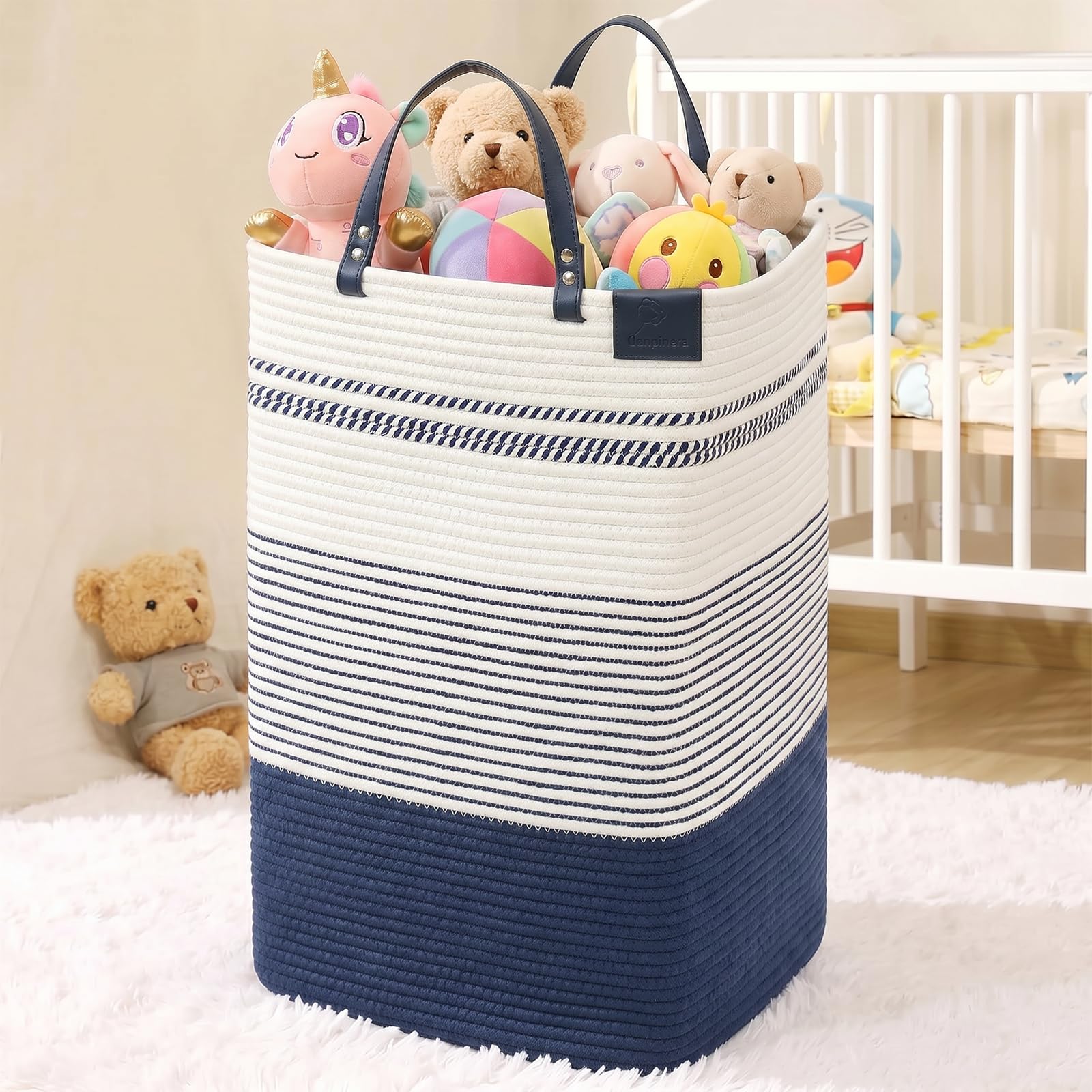 75L Woven Laundry Hamper with Long Leather Handles