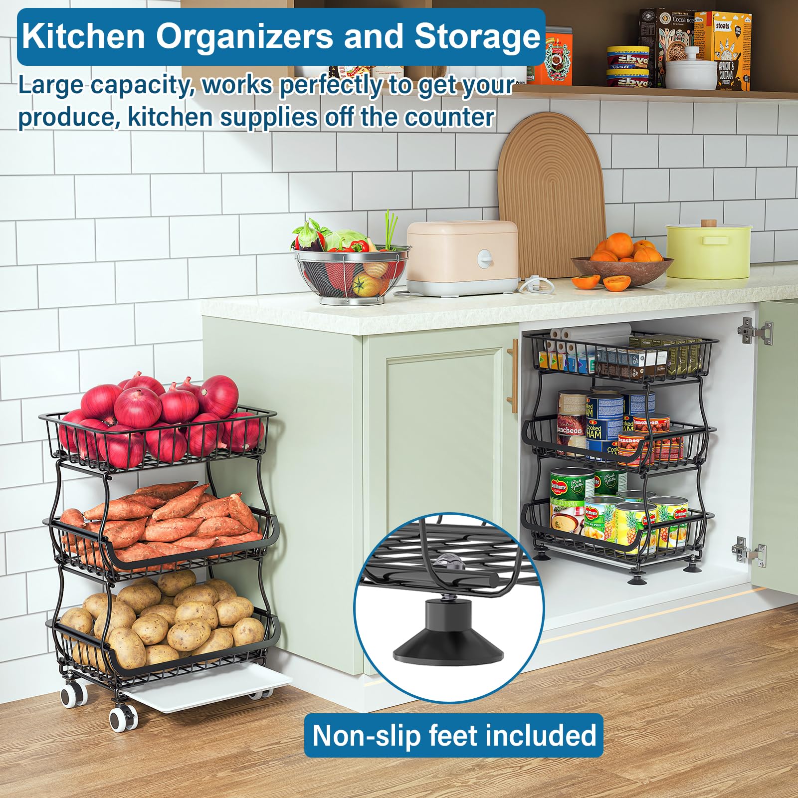 3 Tier Rolling Pantry Floor Organizers and Storage Cart with Wheels (3 Count)