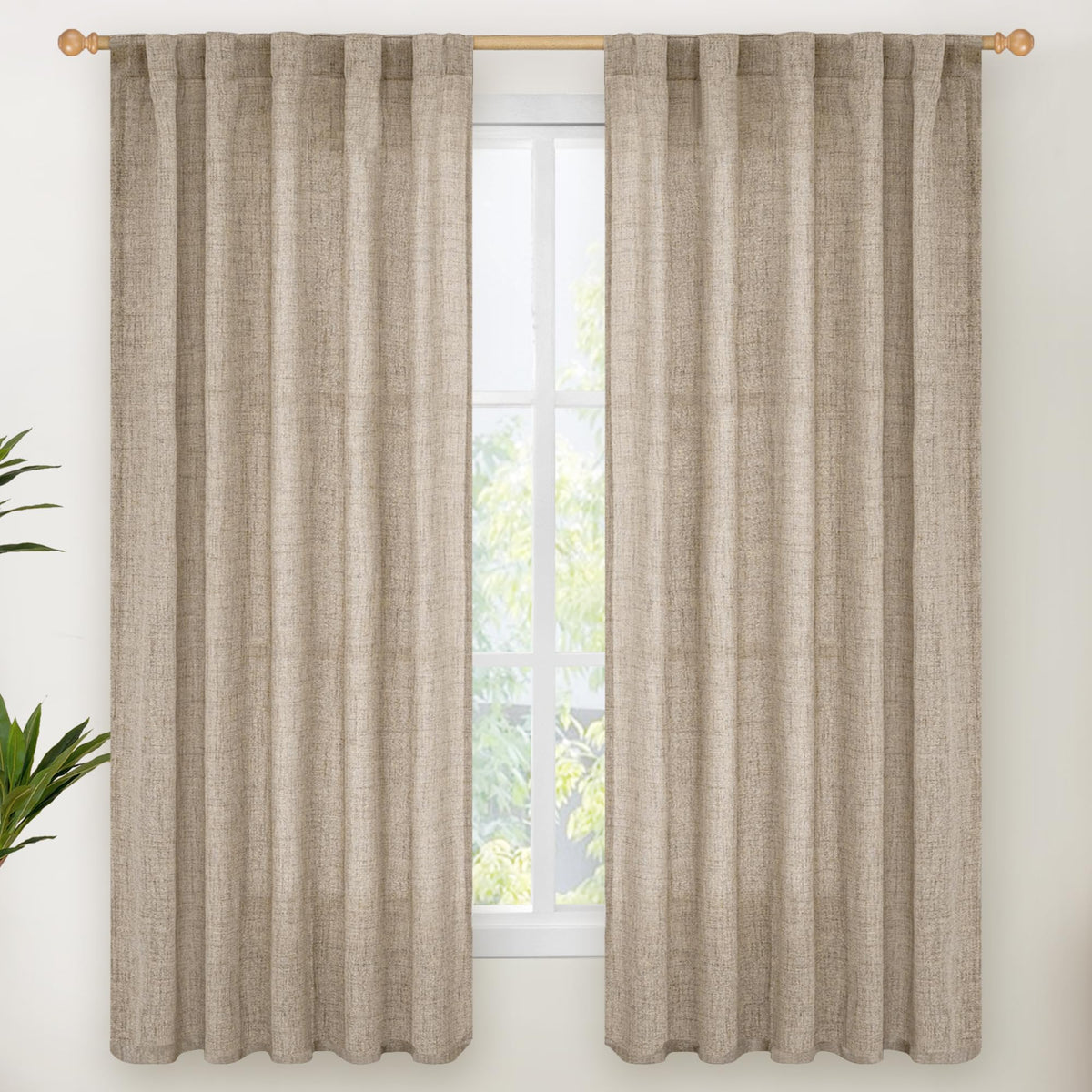 Dark Oatmeal Linen Curtains 63 Inch Length for Living Room (2 Count)