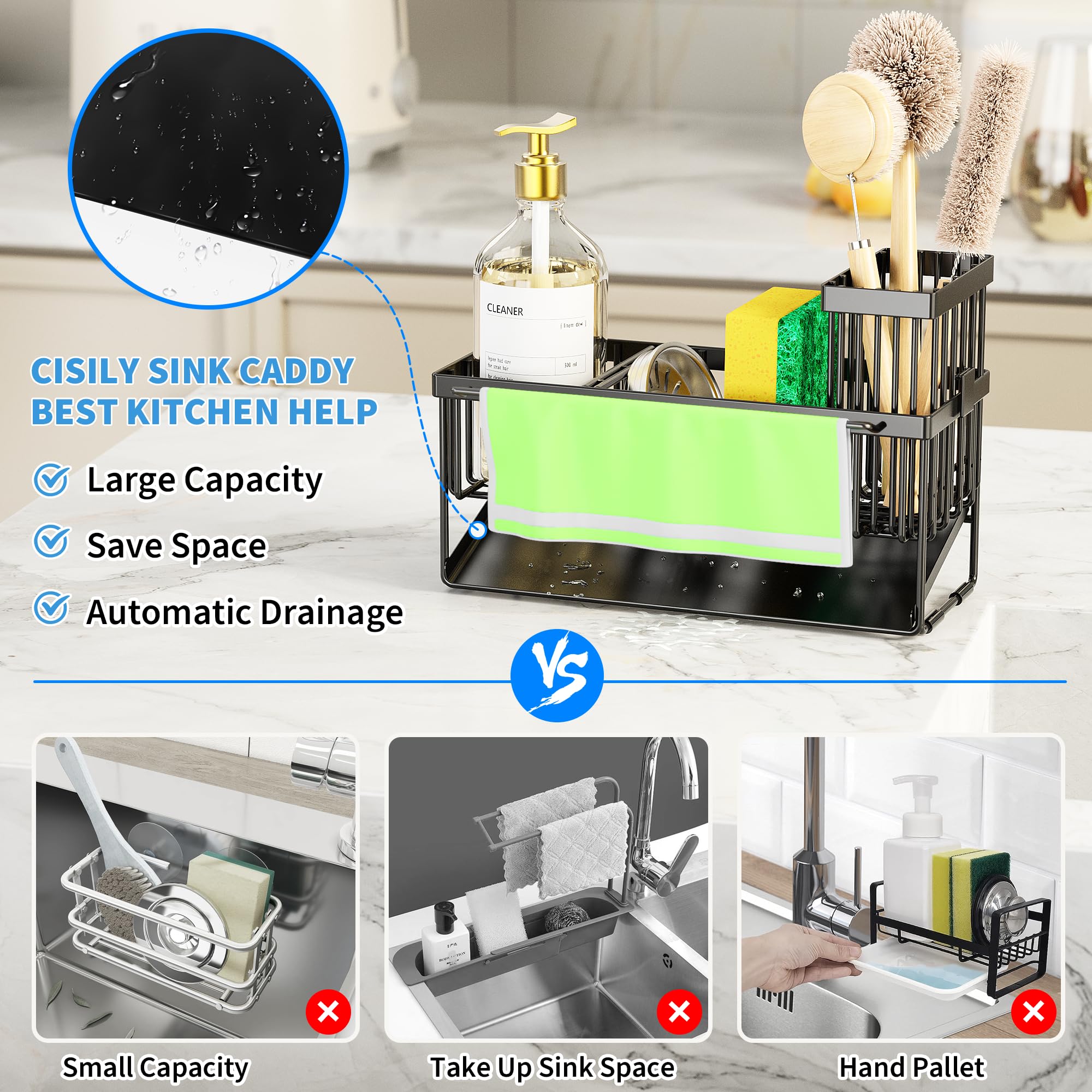 Kitchen Sink Caddy Organizer with High Brush Holder