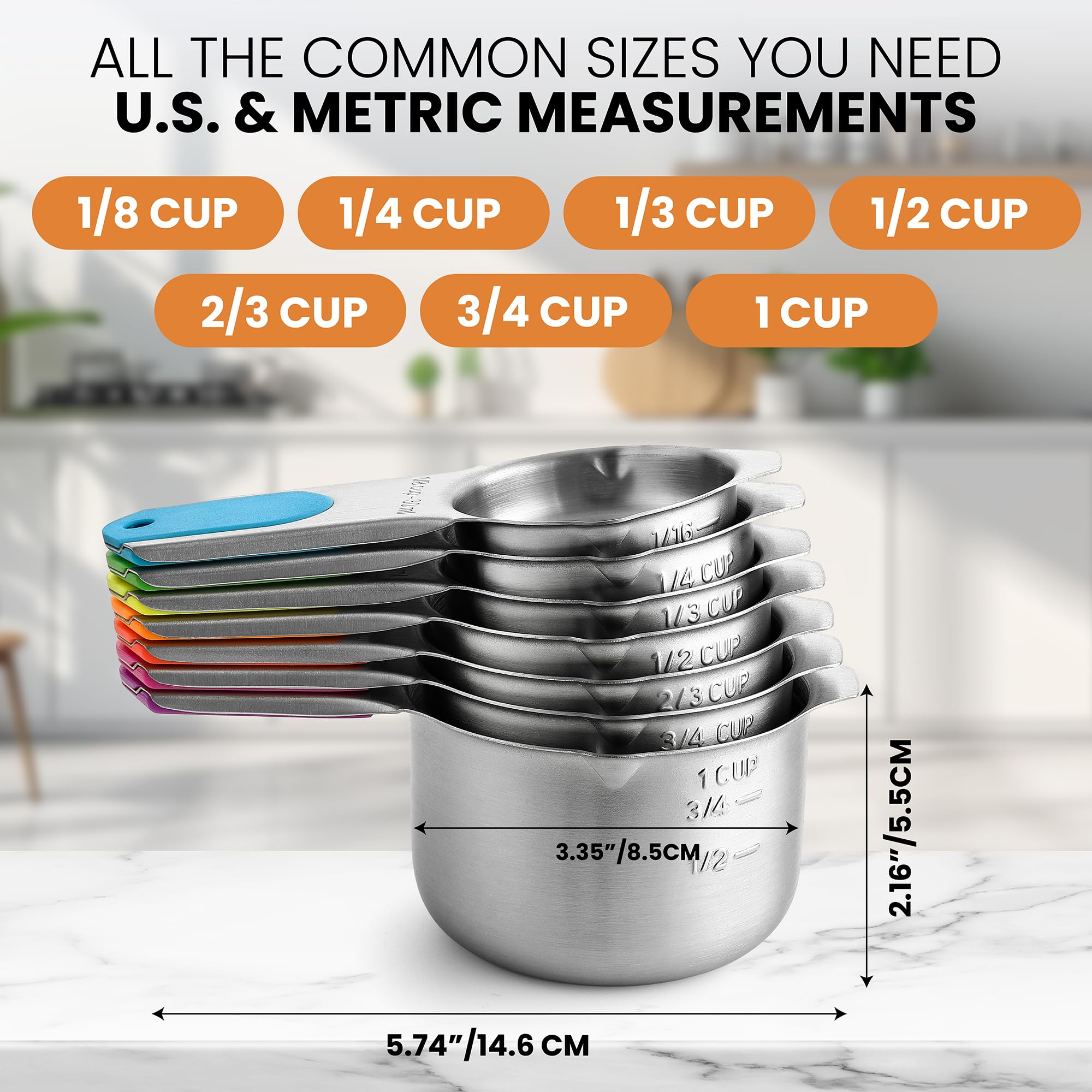 Magnetic Stainless Steel Measuring Cups Set of 7 Patented (7 Count)