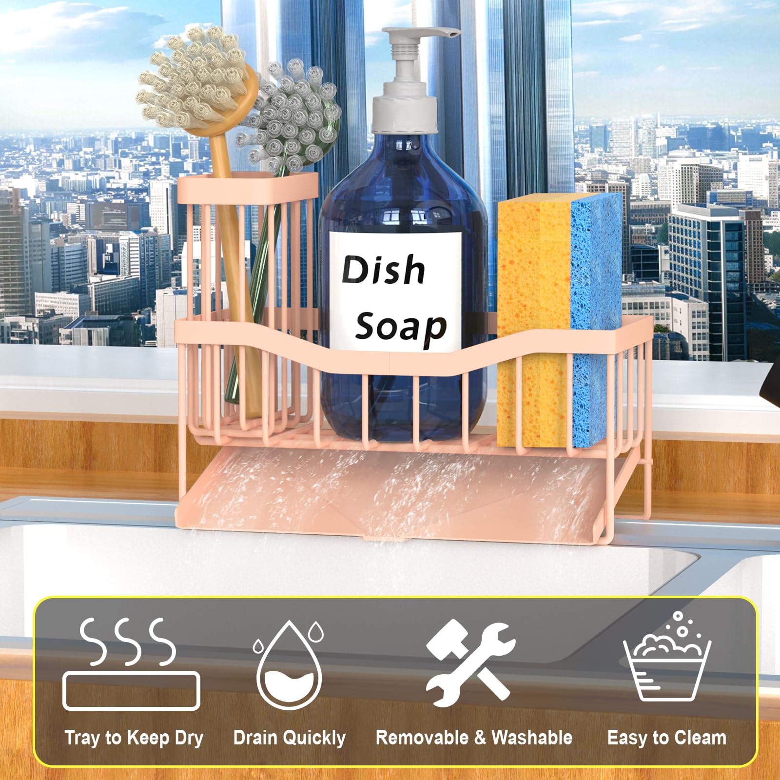 Maifan Sink Caddy Sponge Holder for Kitchen with Brush Holder and Stainless Steel Self Drain Tray