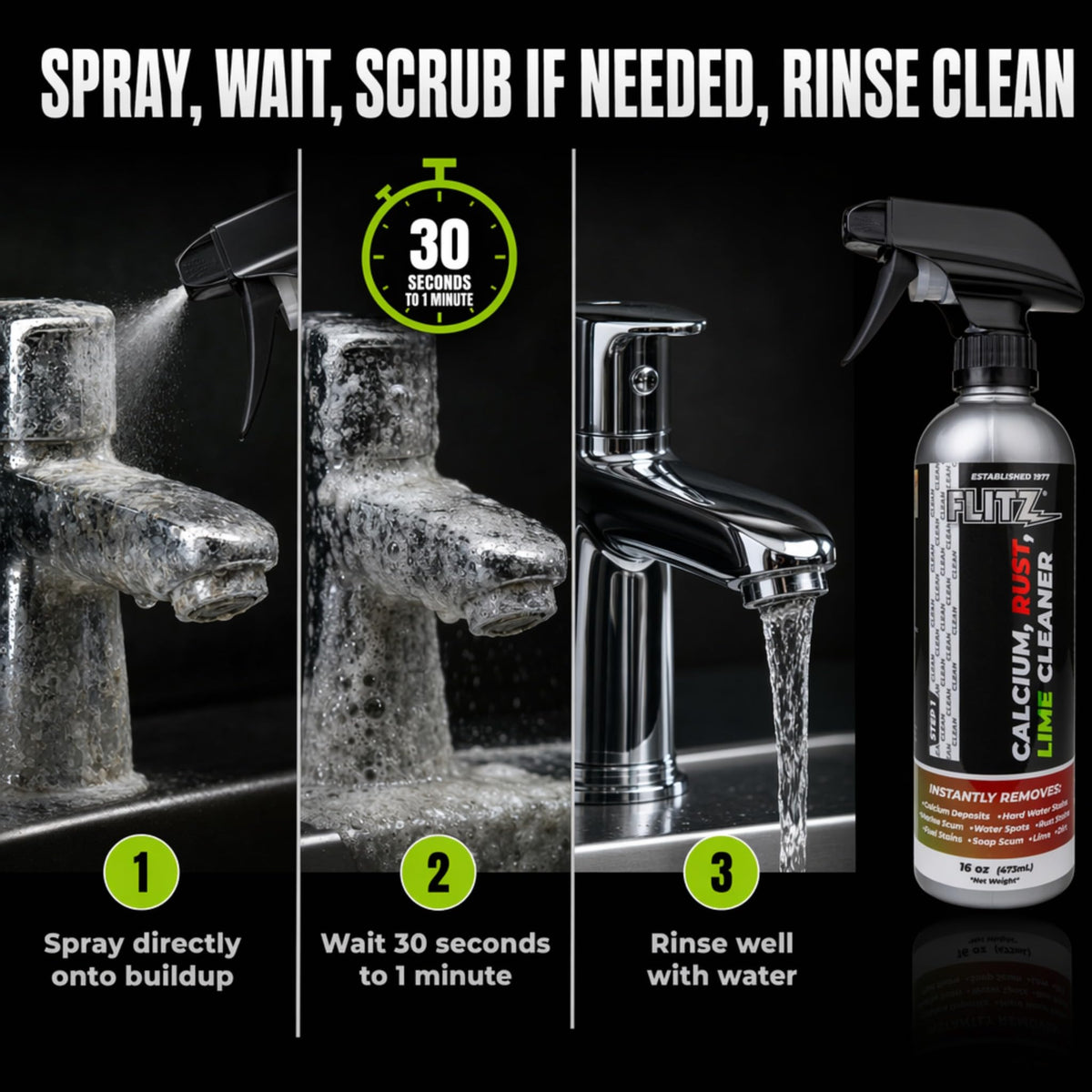 Calcium, Rust, & Lime Remover - 16oz Bottle of USA-Made Limescale Remover for Toilets, Showers, and More - Powerful Spray that Instantly Eliminates Tarnish, Grease, and Other Grime (3 Pack) (48 Fl Oz)