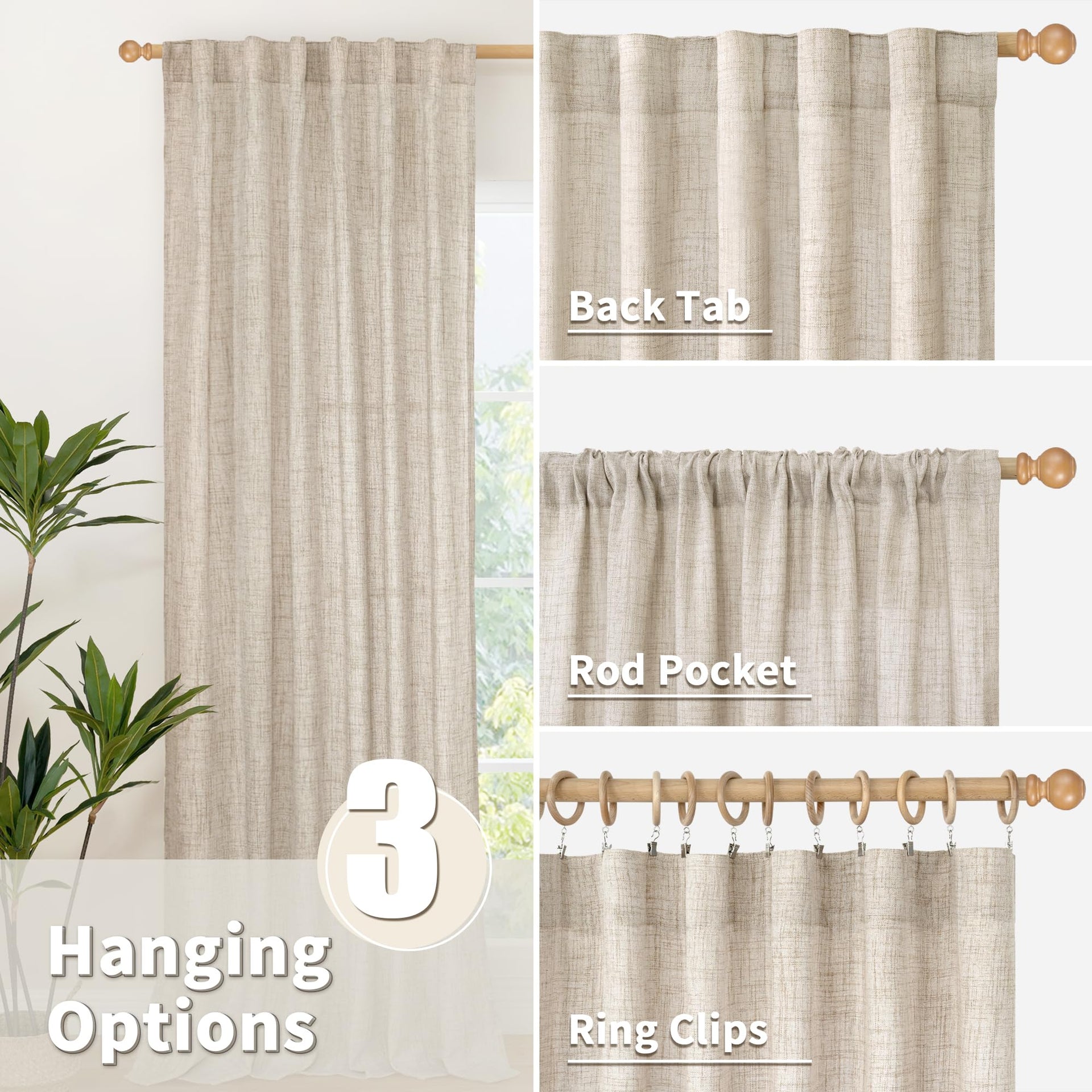 Linen Semi Sheer Curtains 45 Inch Length 2 Panels Set (2 Count)