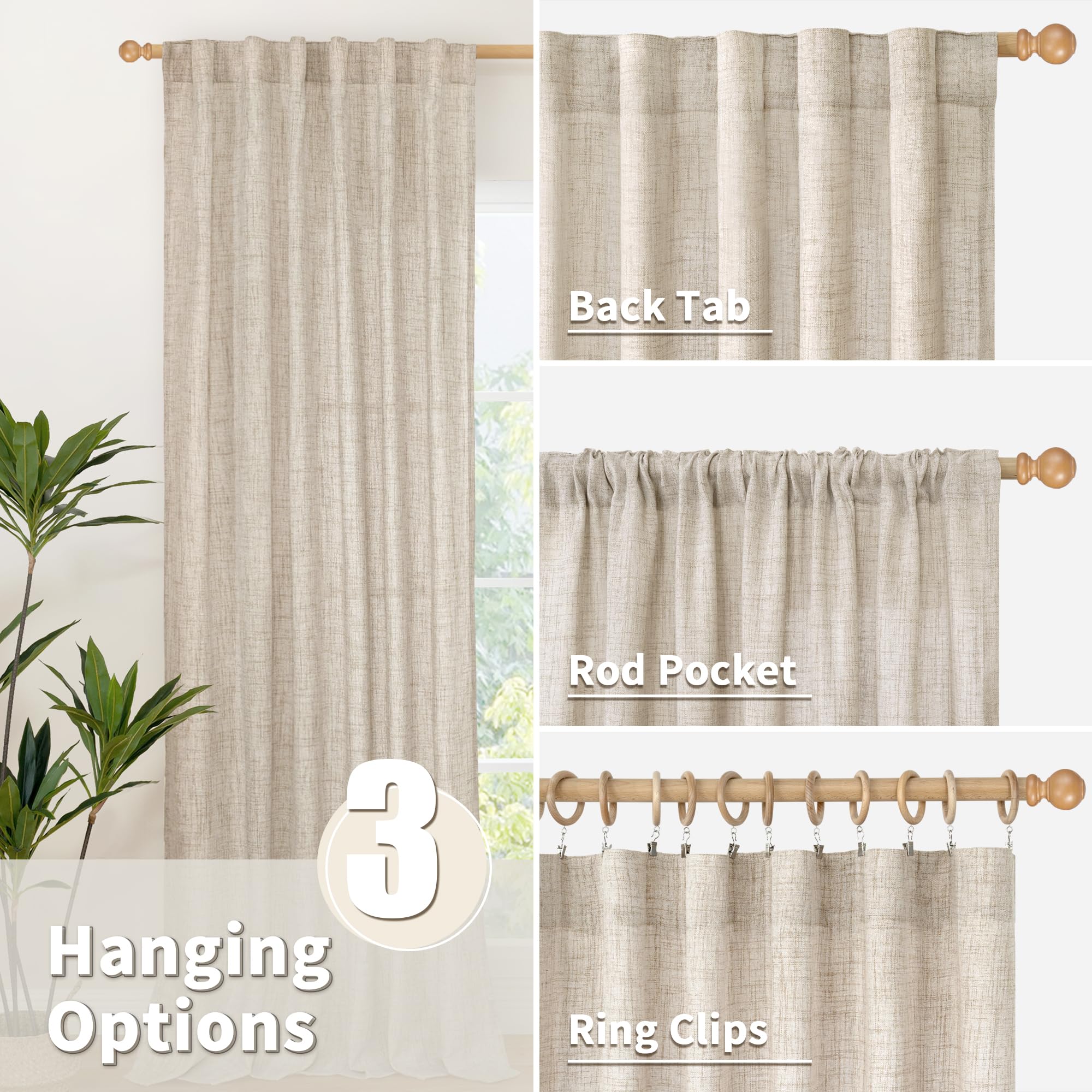 Linen Semi Sheer Curtains 45 Inch Length 2 Panels Set (2 Count)