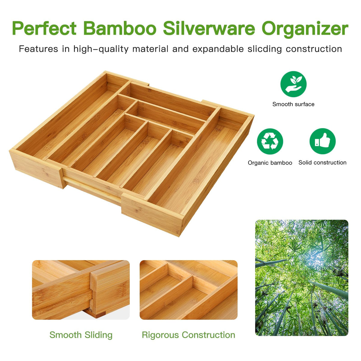 Bamboo Expandable Drawer Organizer for Utensils Holder