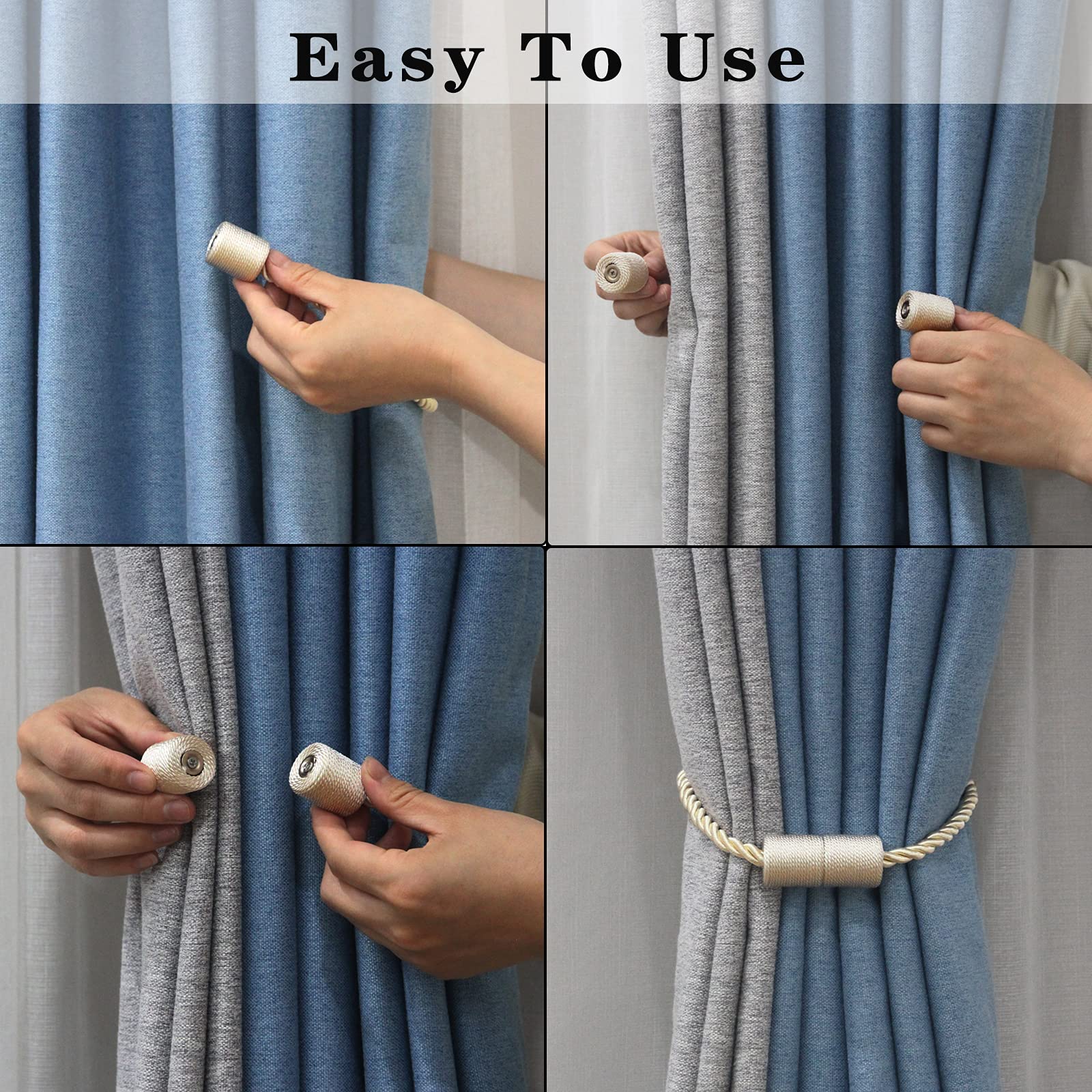 6 Pack Beige Strong Magnetic Curtain Tiebacks Outdoor Elegant Decorative Tie Backs Modern Rope Tiebacks for Drapes Window Curtain Holdbacks for Draperies (6 Count)