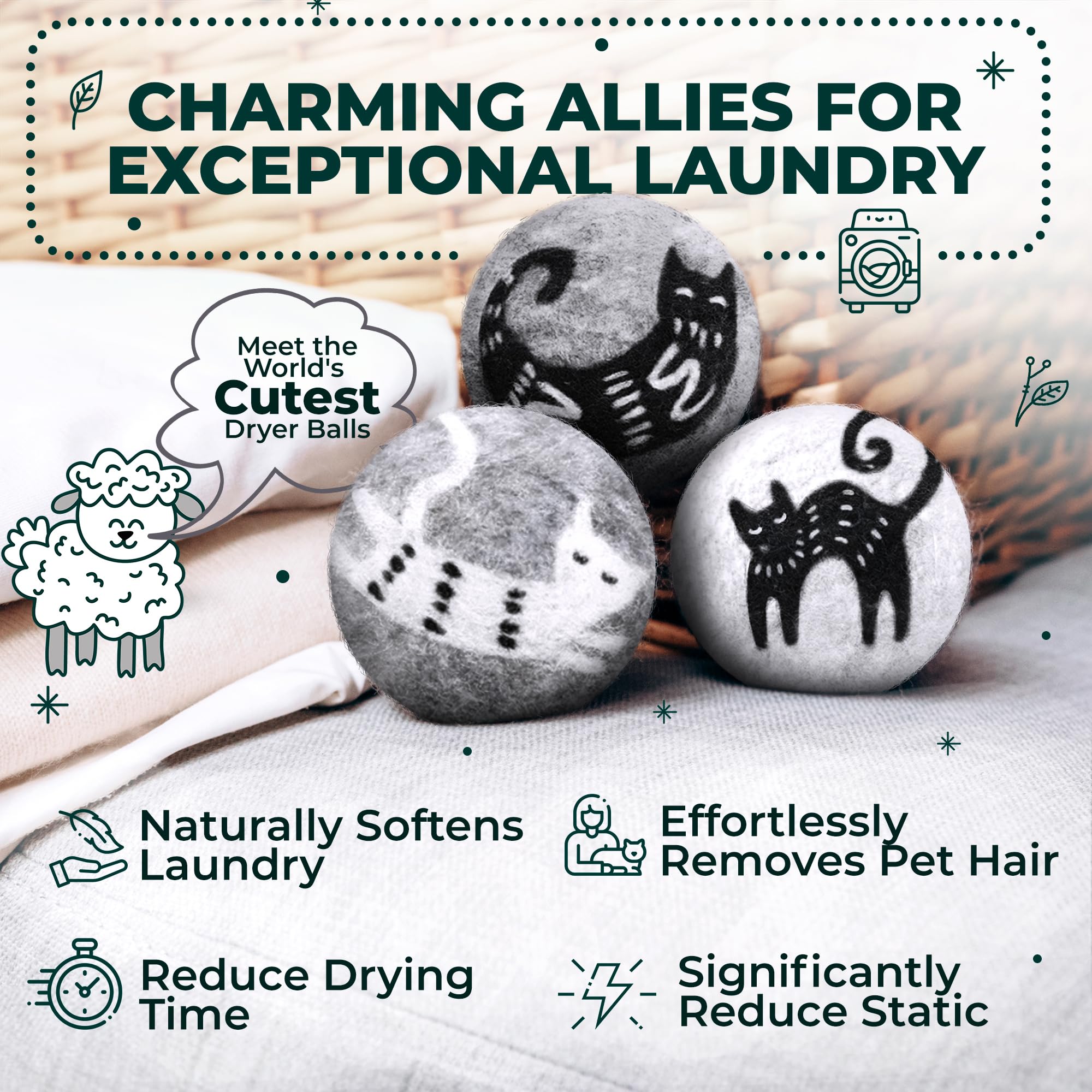 Chemical Free & Baby Safe! Reusable Wool Dryer Balls XL 6 (6 Count)
