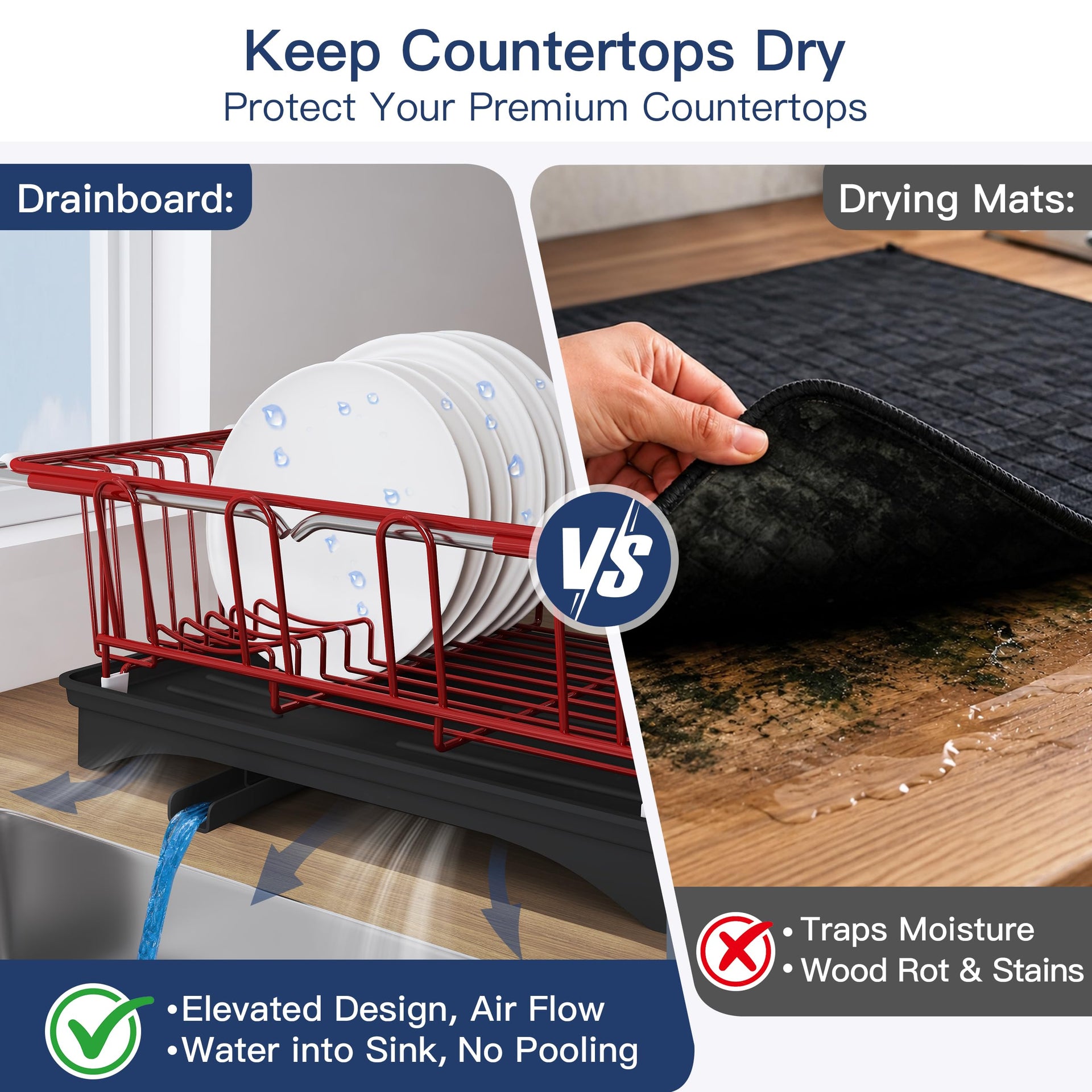 Red Dish Drying Rack in Sink with Drainboard and Utensil Holder