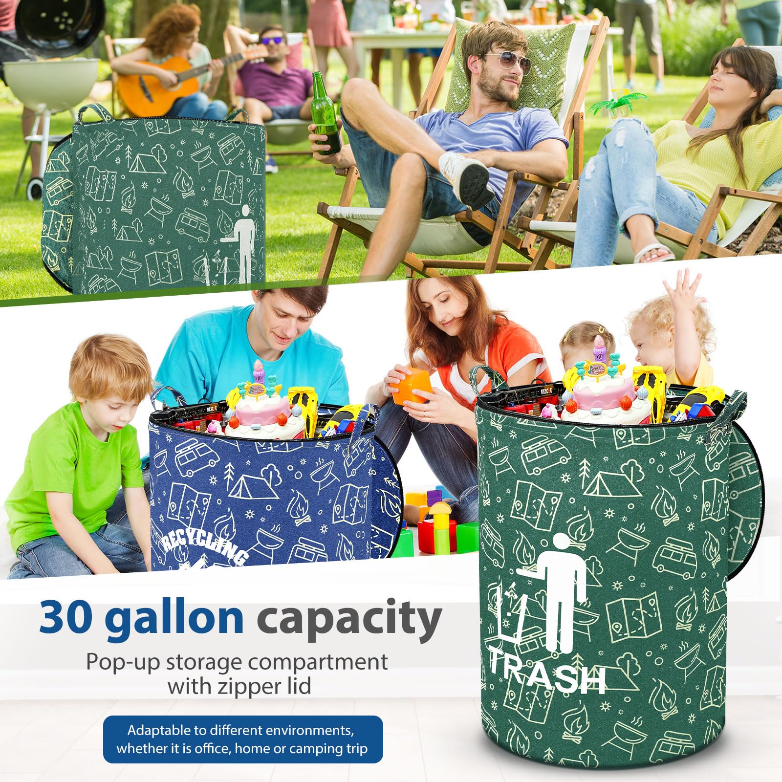 2 Pack Collapsible Trash Can Camping with Zippered Lid Foldable Storage Bin Portable Garbage Can for Outdoor Camping RV's Yard Waste (2 Count)
