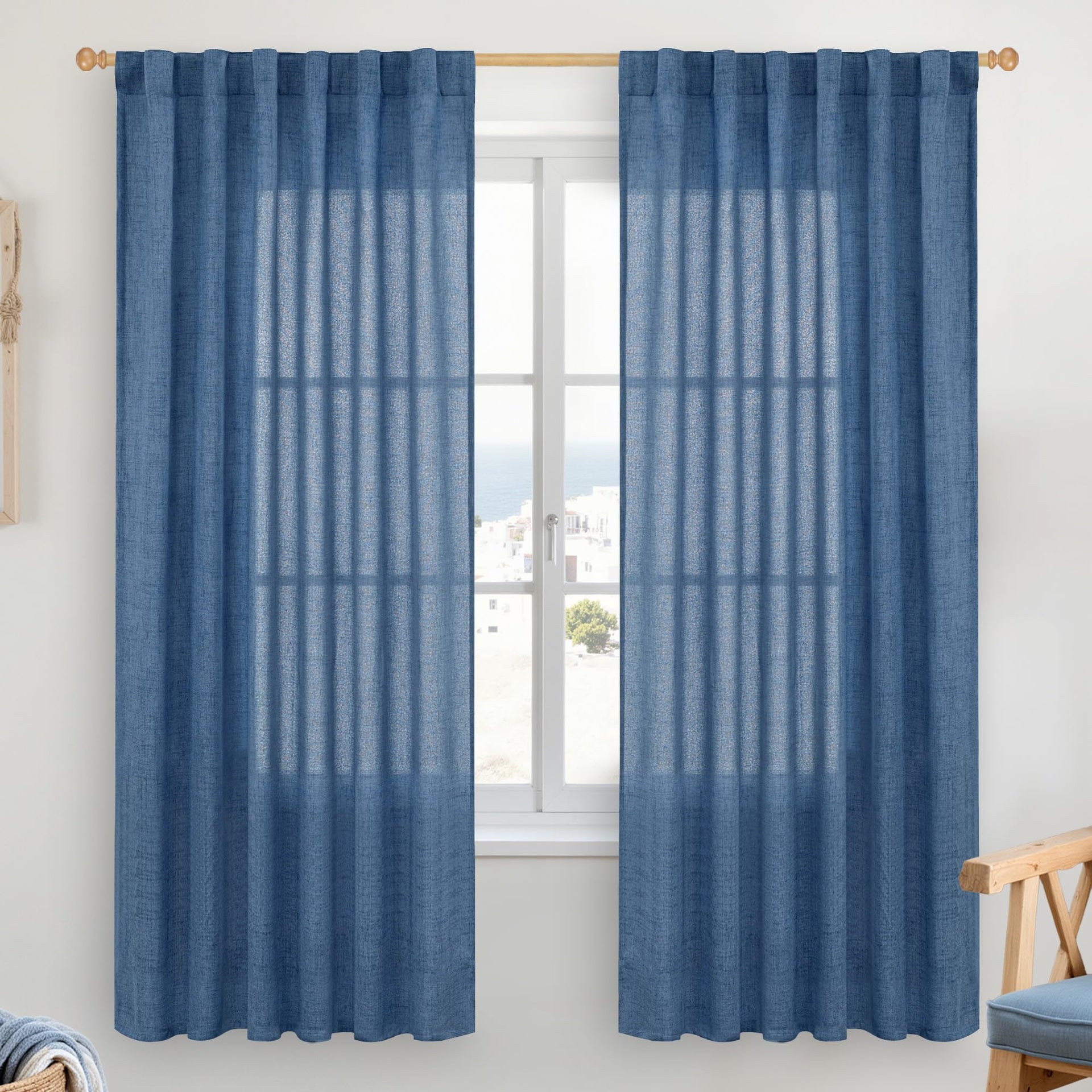 Navy Blue Linen Curtains Light Filtering (2 Count)