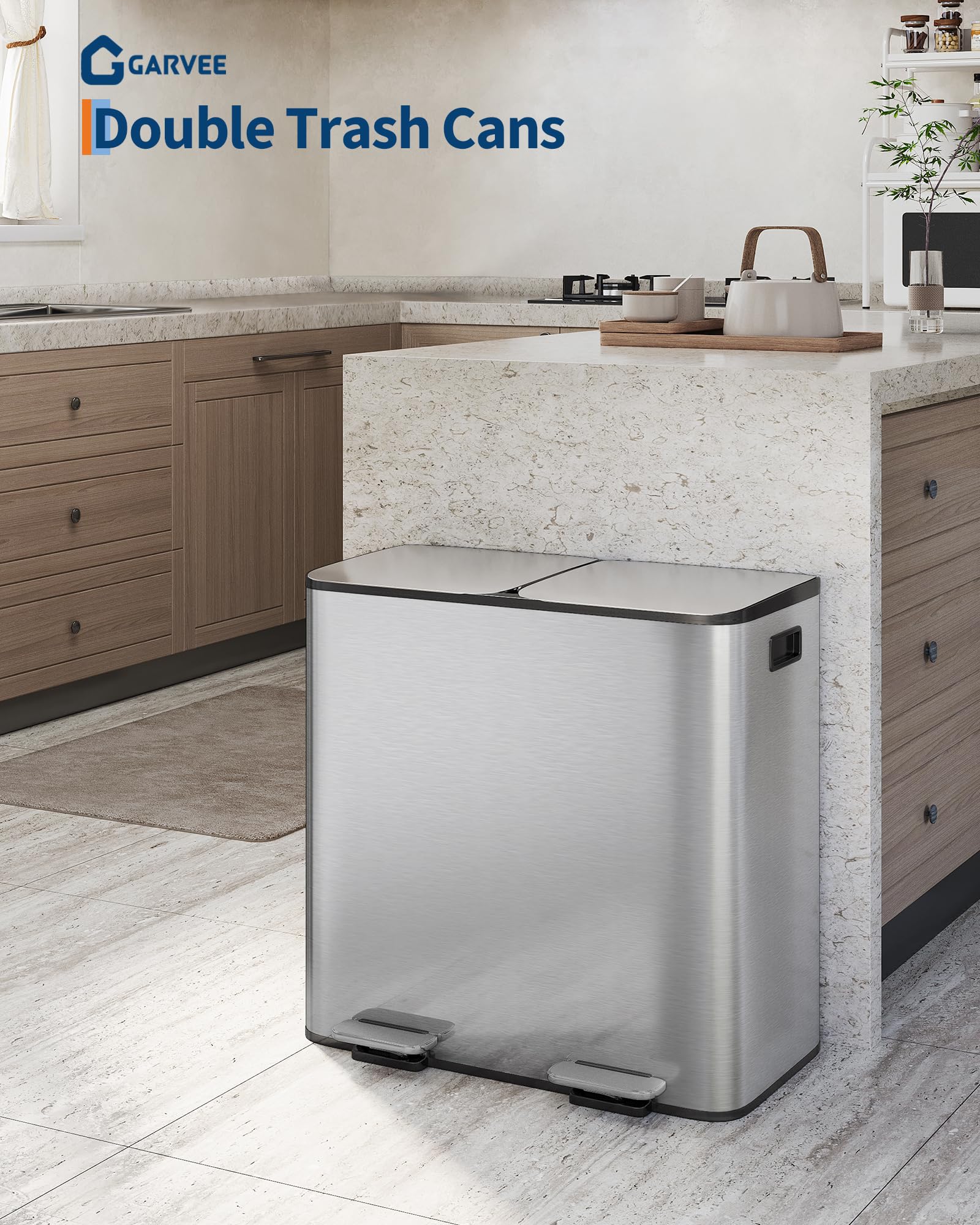 2 x 10.6 gal Stainless Steel Double Trash Can with Lid for Kitchen