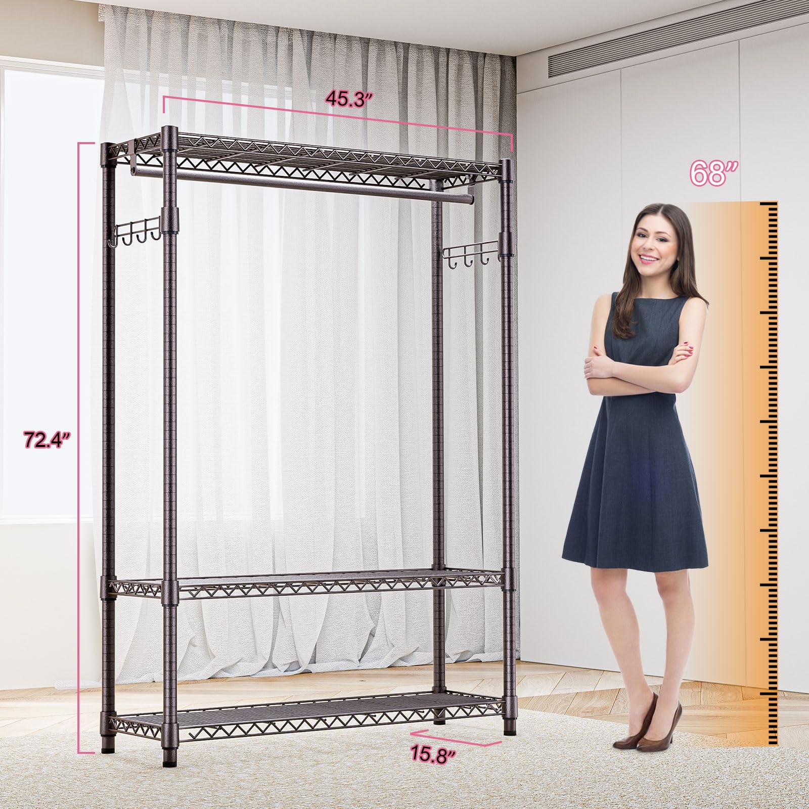 Heavy Duty Rolling Garment Rack 3 Tiers Adjustable Wire Shelving Clothes Rack with 1 Rods and Side Hooks
