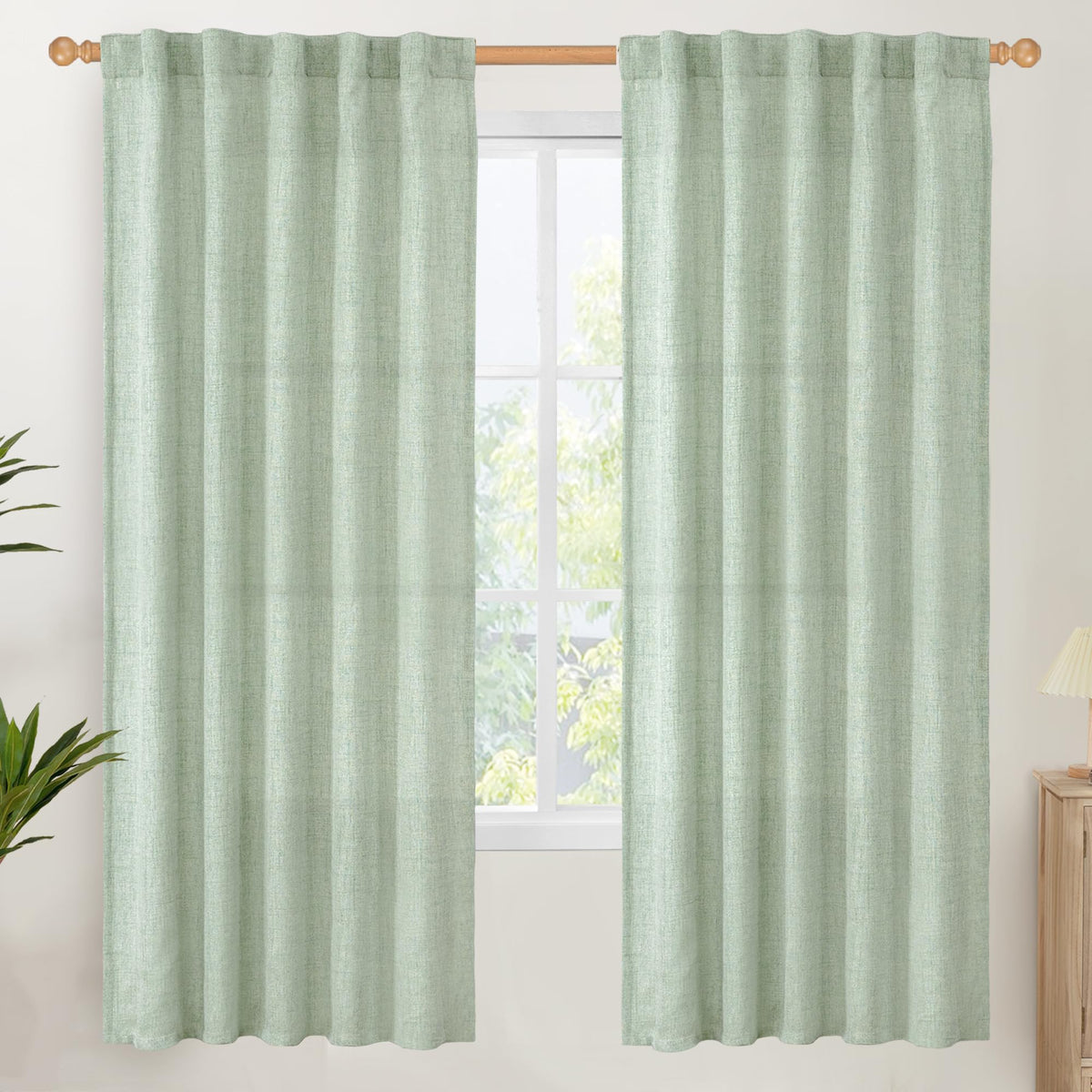 Sage Green Linen Semi Sheer Curtains 72 Inch Length 2 Panels (2 Count)
