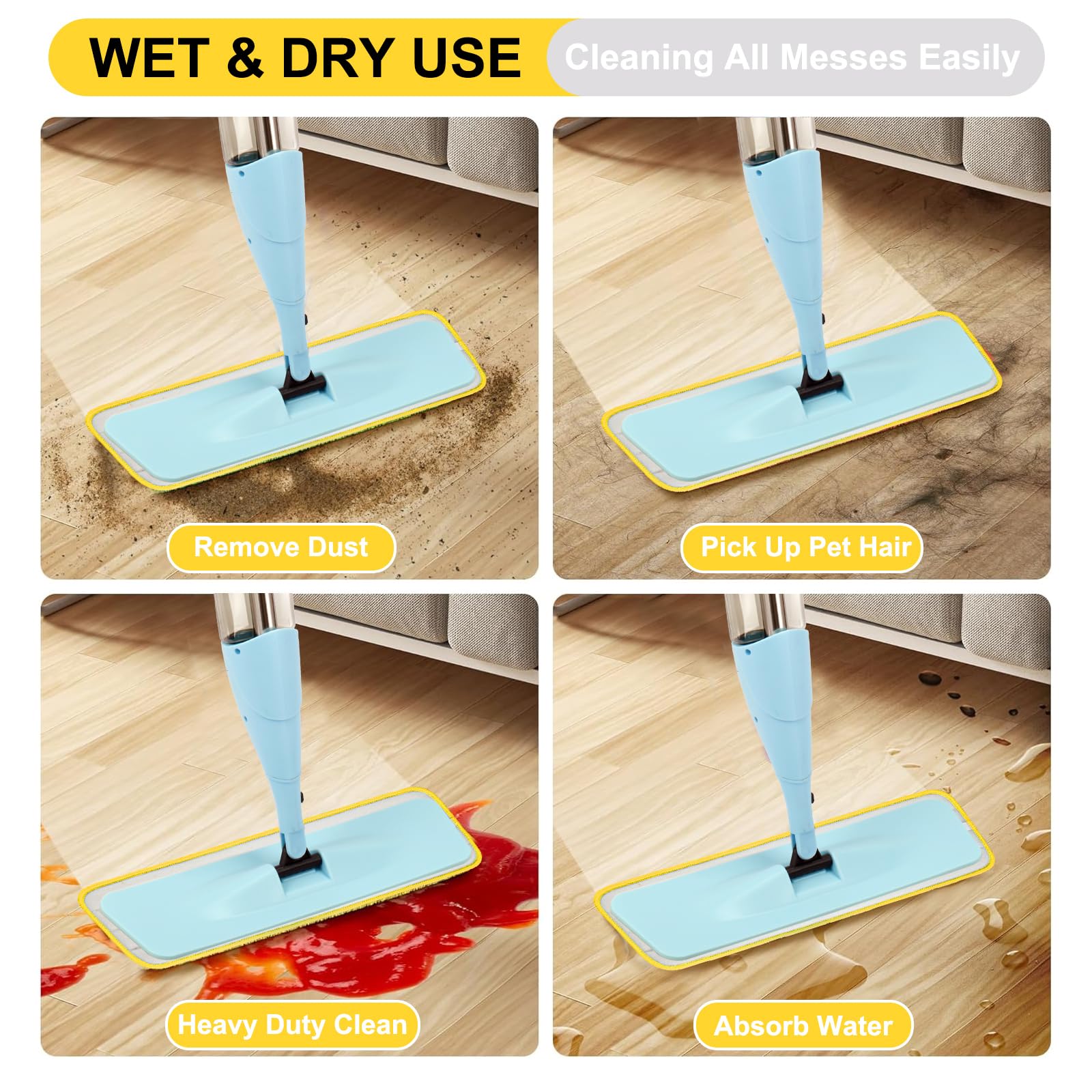 16.5 Inch Reusable Mop Pads Microfiber Spray Mop Replacement Heads for Wet