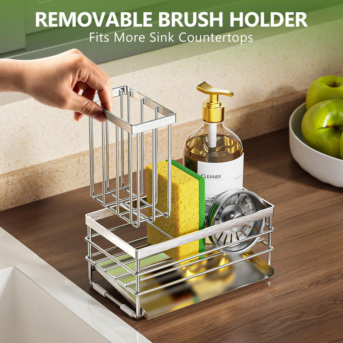 Sink Caddy Sponge Holder for Kitchen with Brush Holder and Stainless Steel Self Drain Tray