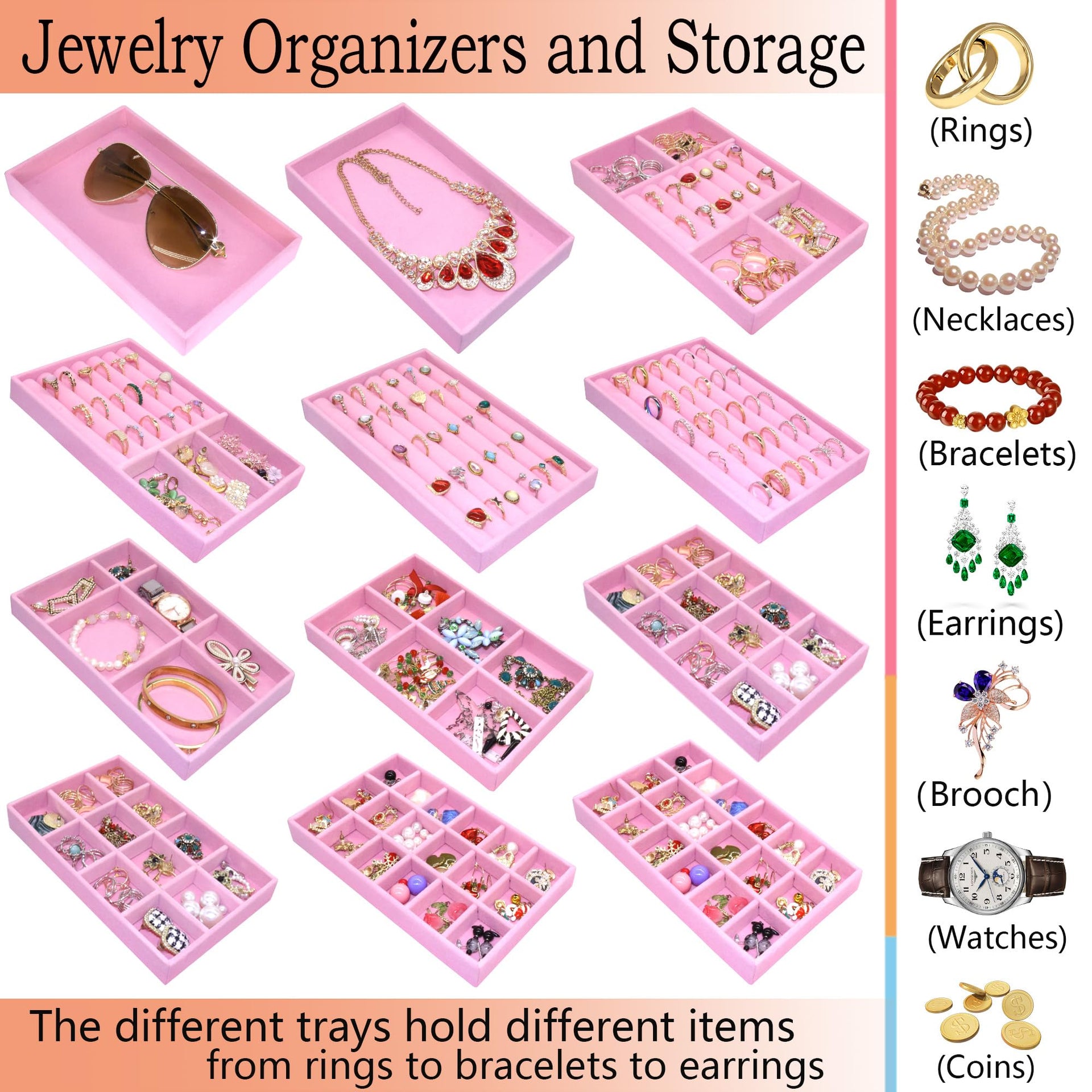 12 Set Jewelry Tray Stackable Velvet Jewelry Organizer Trays for Drawers Inserts Earrings Necklace Rings Jewelry for Women (12 Count)