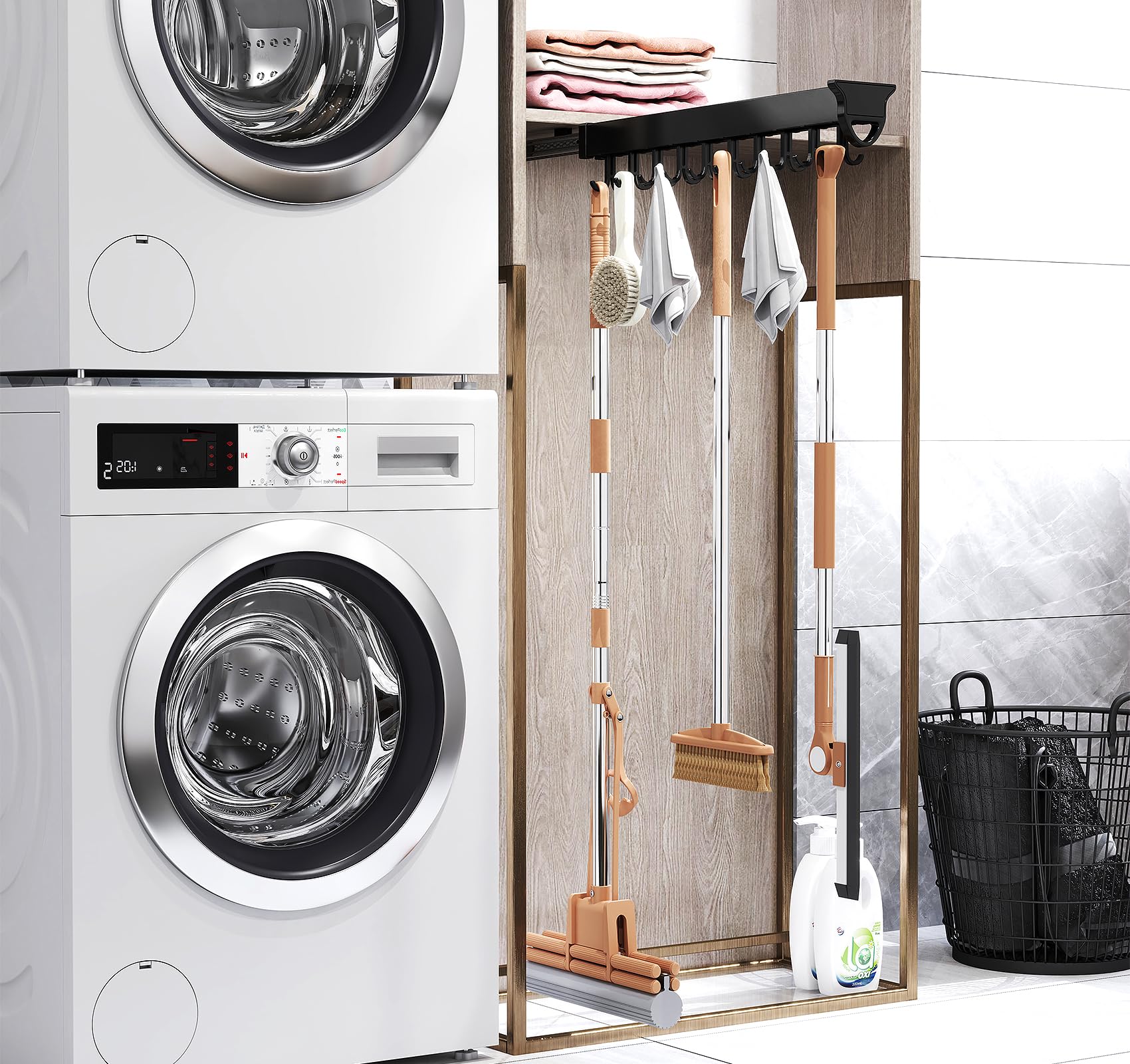 Pull out Mop and Broom Holder with 20 Sliding Hooks