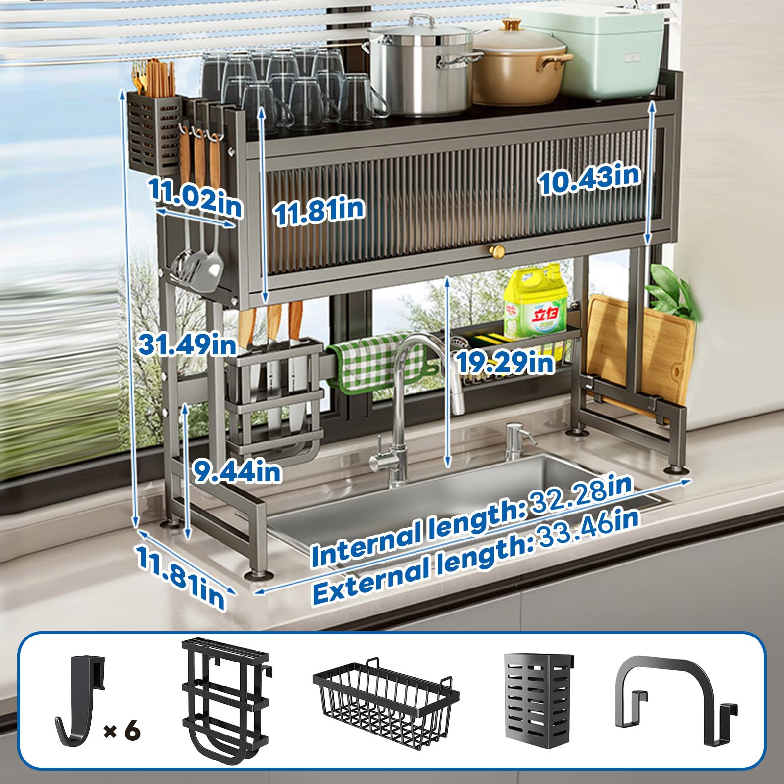 Over the Sink Dish Drainer Drying Rack 3 Tier with Cover