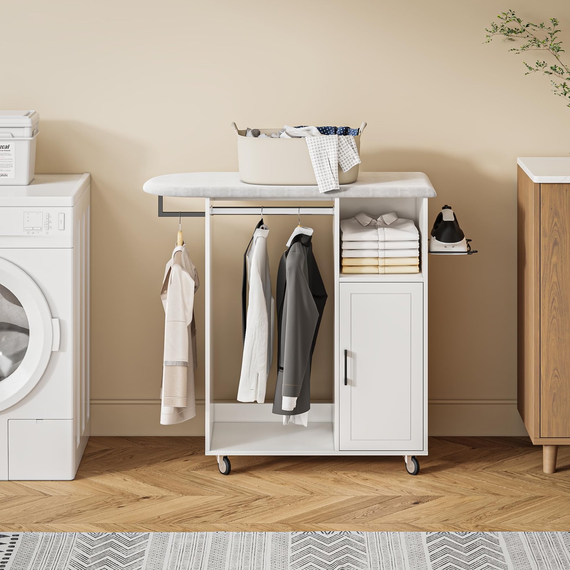 Rolling Ironing Board with Storage Cabinet