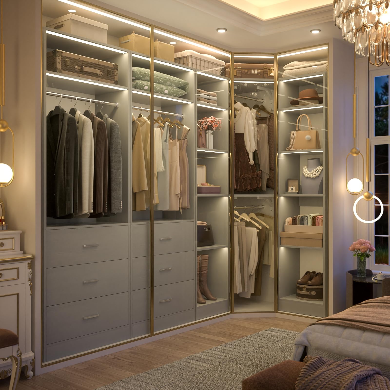 Corner Closet System with 6 Drawers