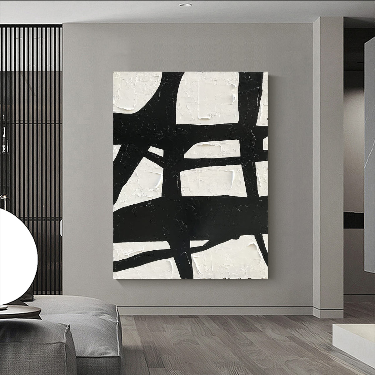 Art Hand Painted Large Black and White Abstract contemporary minimalist oil painting work It is suitable for decorating the interior office walls and its size is 48x36 inches