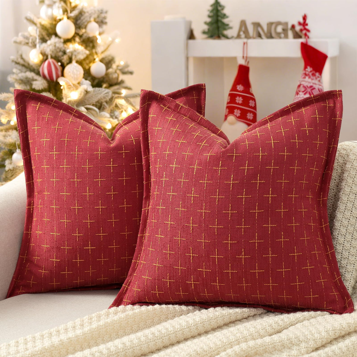 Christmas Pillow Covers 26x26 Set of 2 Soft Polyester Textured Red Pillows with Stylish Flange Edge Cozy Farmhouse Christmas Decor for Couch Bed Sofa Living Room (2 Count)