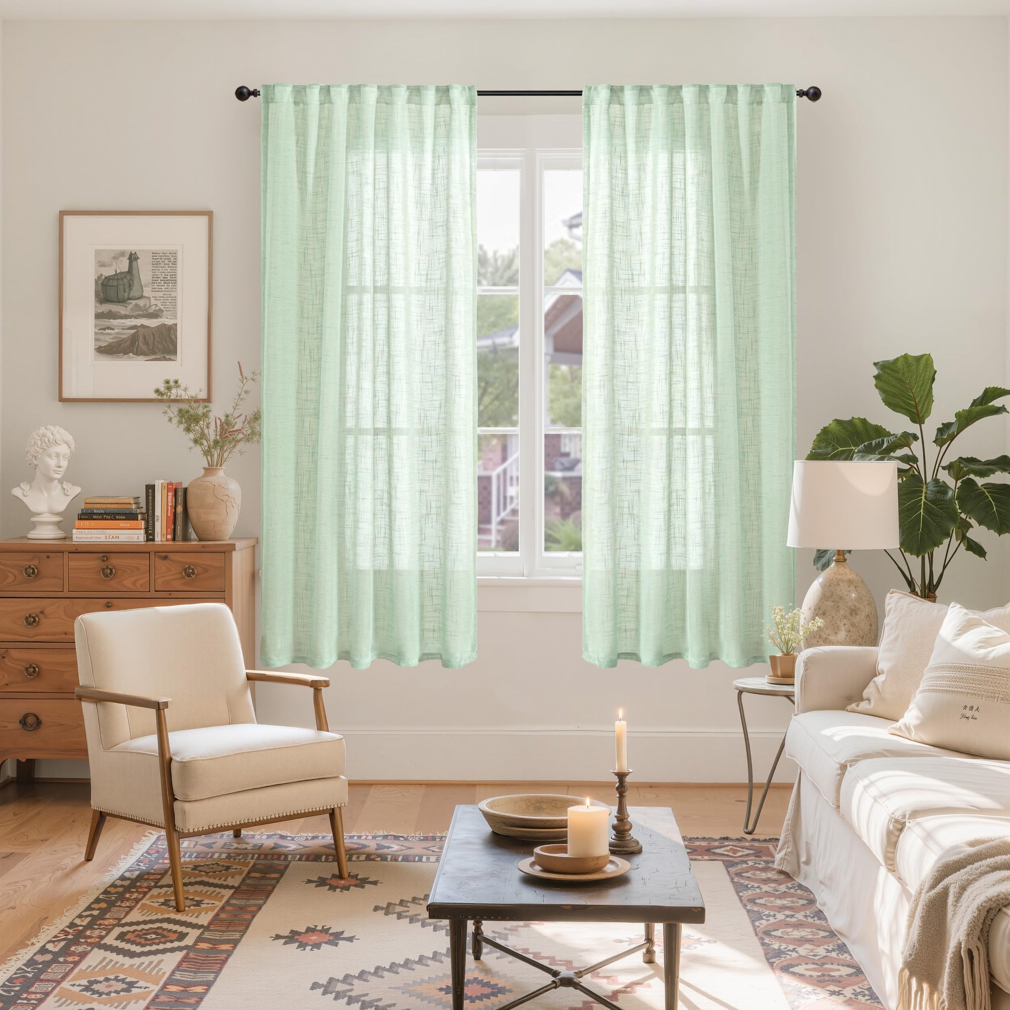 Light Green Linen Curtains 63 Inch Length (2 Count)