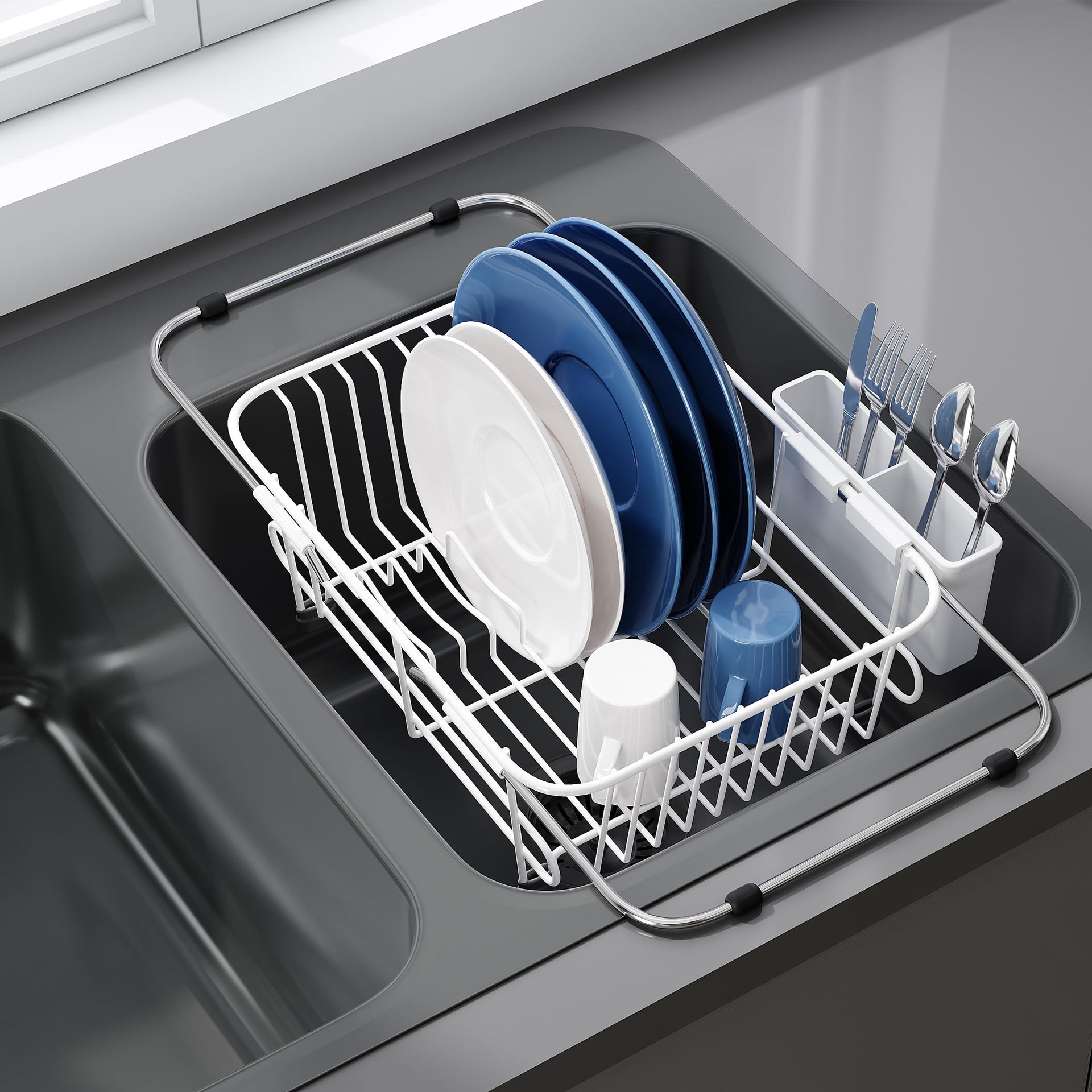 White Dish Drying Rack in Sink with Utensil Holder