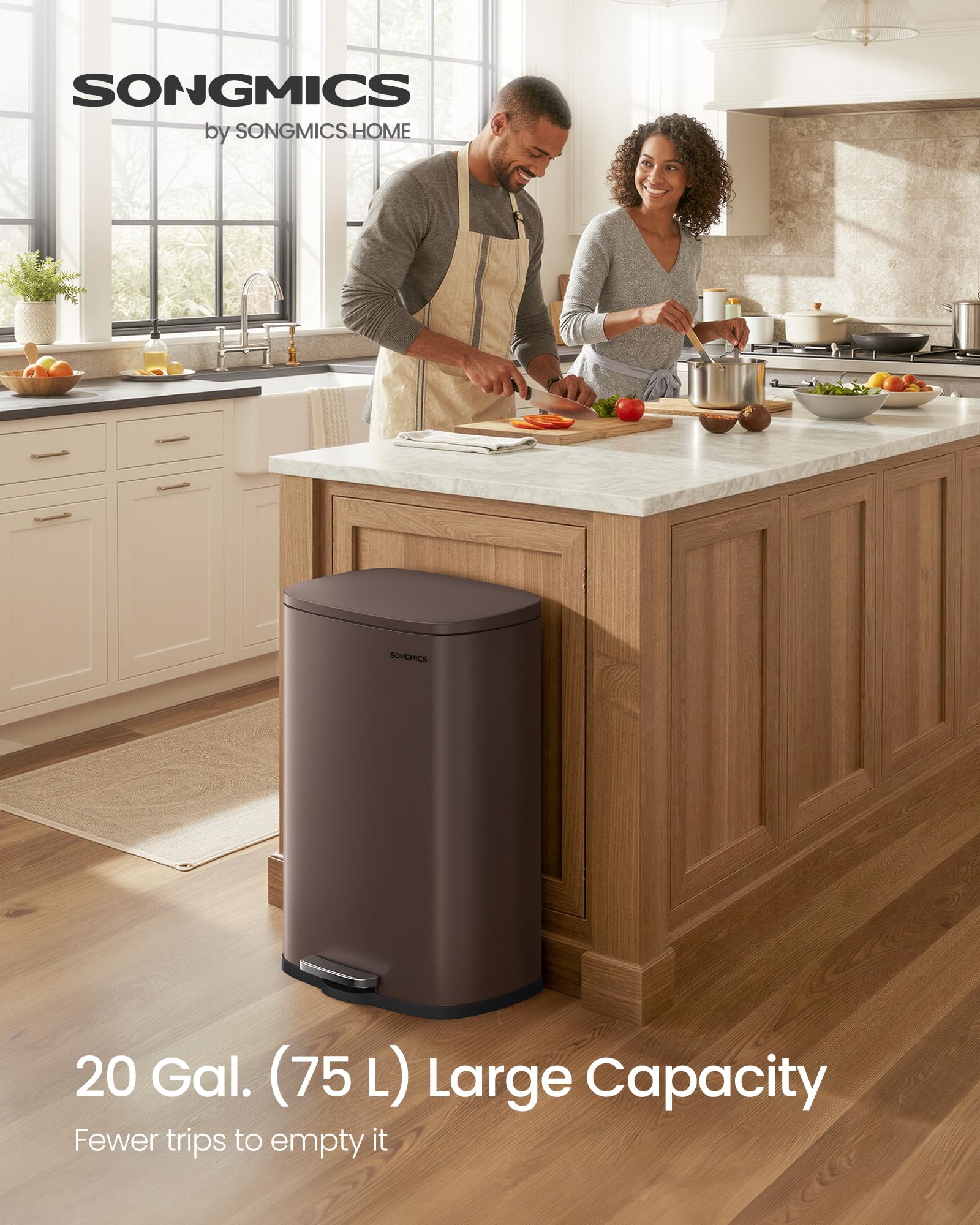 20-Gallon (75 L) Trash Can, Stainless Steel Kitchen Garbage Can, Recycling or Waste Bin, Soft Close, Step-On Pedal, Removable Inner Bucket, Brown ULTB075MZ01