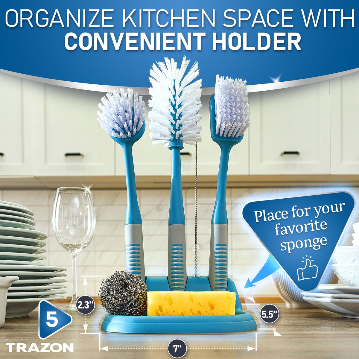 Dish Brush Set of 5 with Convenient Holder (3 Count)
