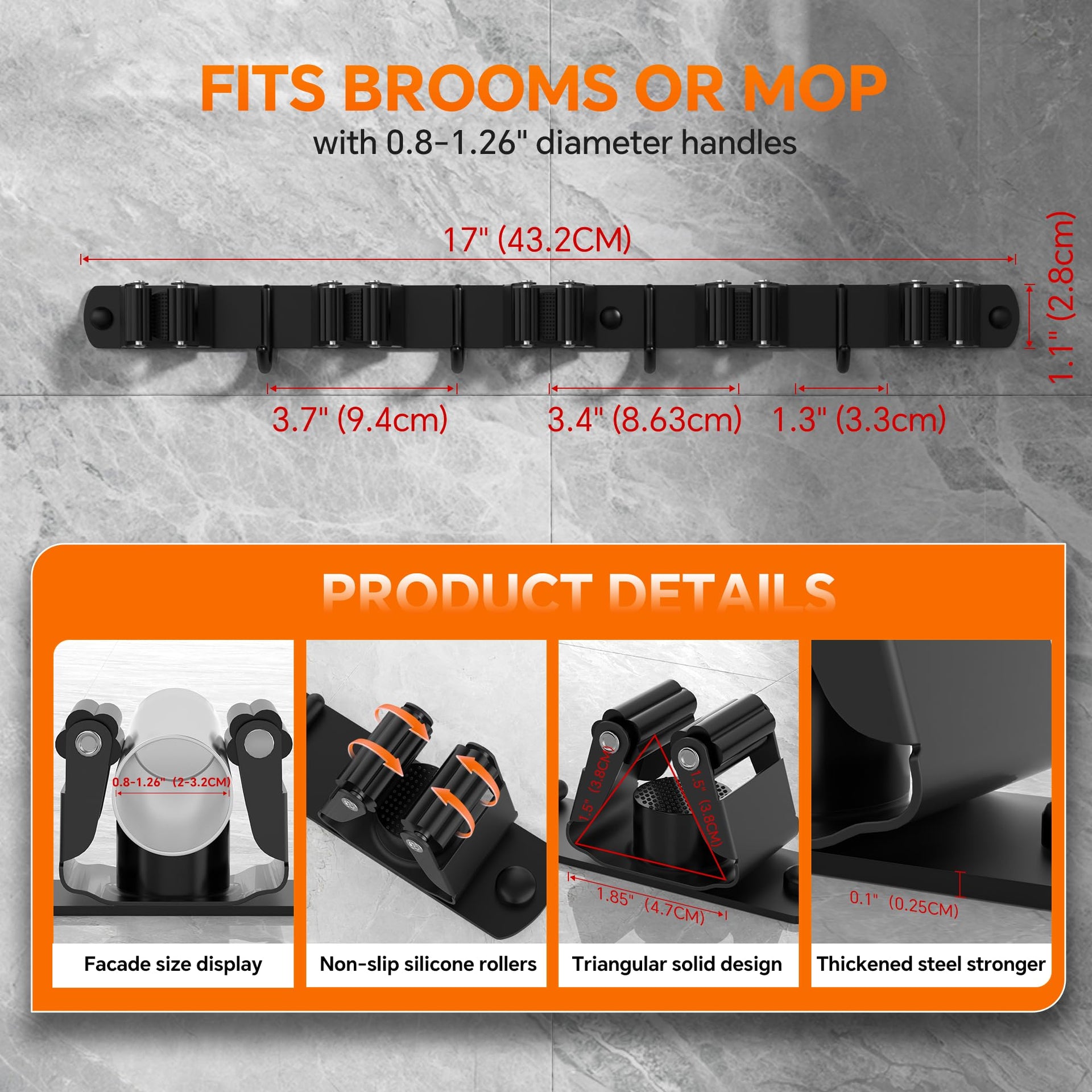 5 Grippers Broom Holder Wall Mount with 4 Hooks Stainless Steel