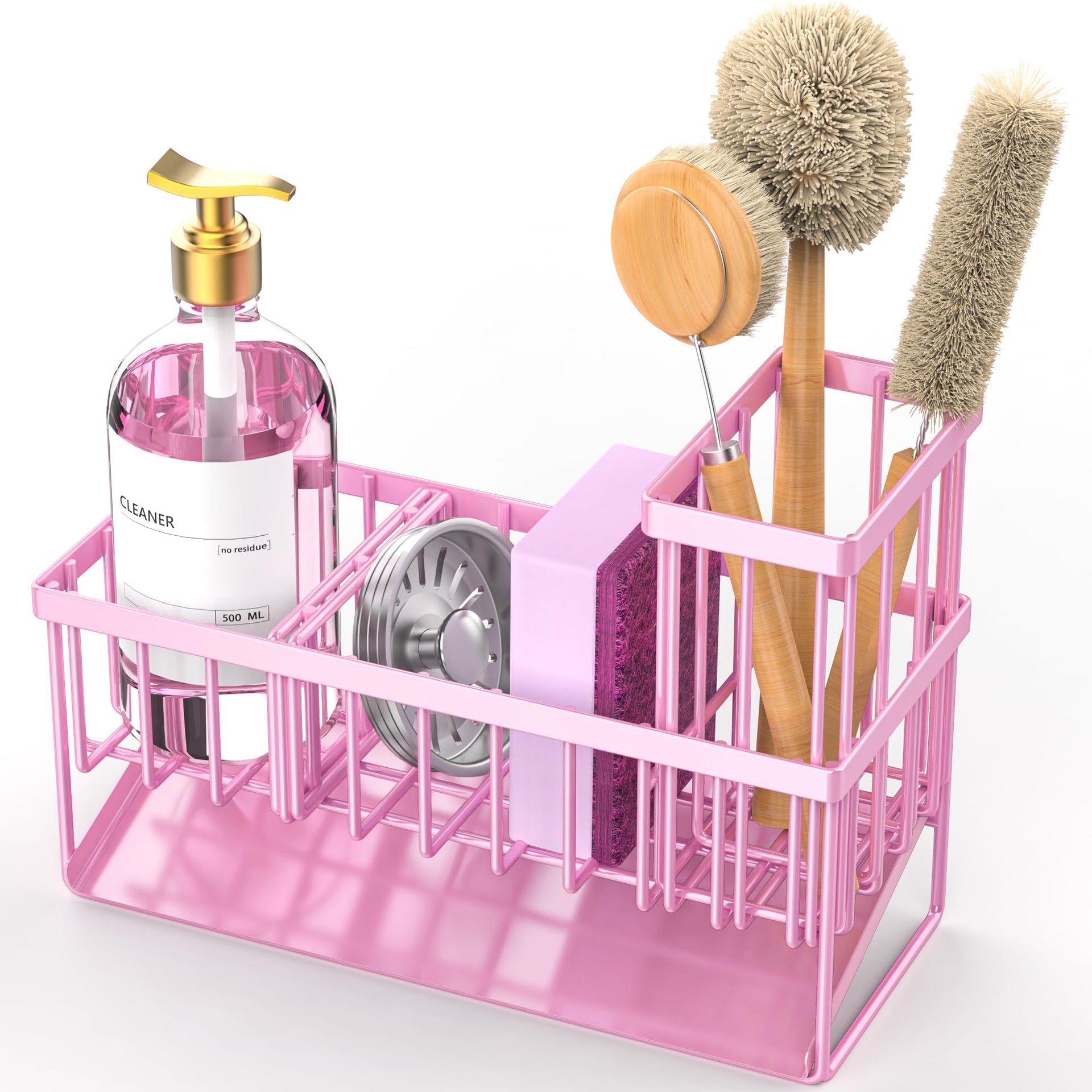 Pink Kitchen Sink Caddy Organzier with High Brush Holder